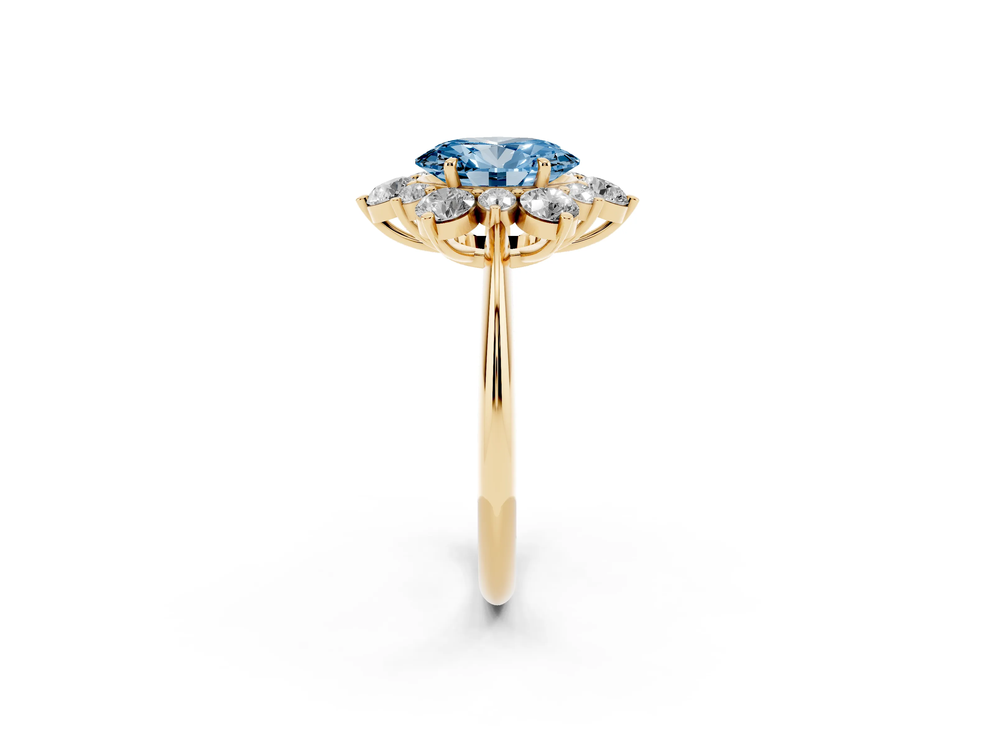Fancy Blue Oval Cut Diamond Cluster Halo Ring Set in Yellow gold with Solitaire Band and Prong Setting