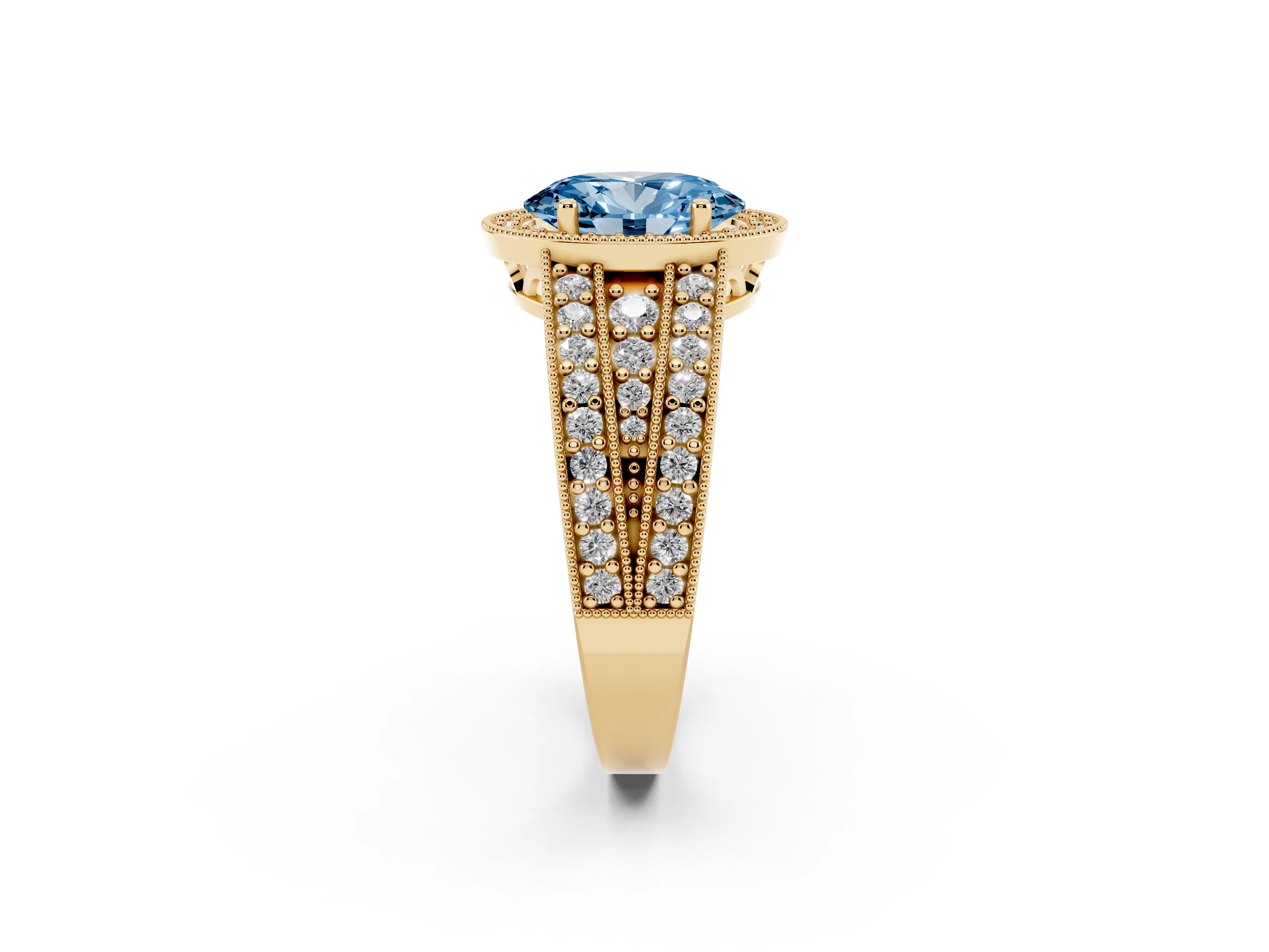 Fancy Blue Oval Cut Diamond Halo Ring Set in Yellow gold with Accent Split Shank and Prong Setting