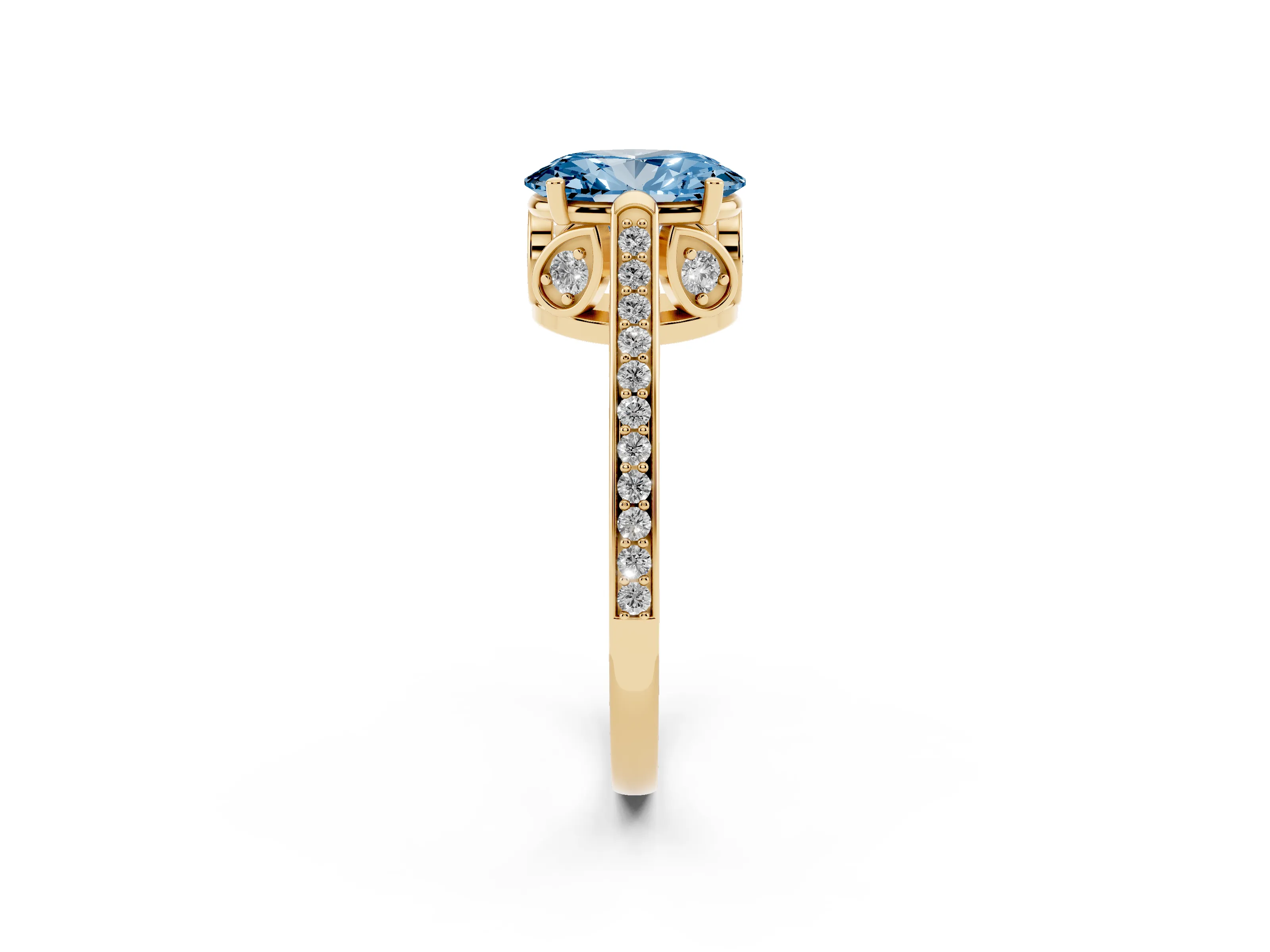 Fancy Blue Oval Cut Diamond Cathedral Pavé Engagement Ring Set in Yellow gold with Prong Setting