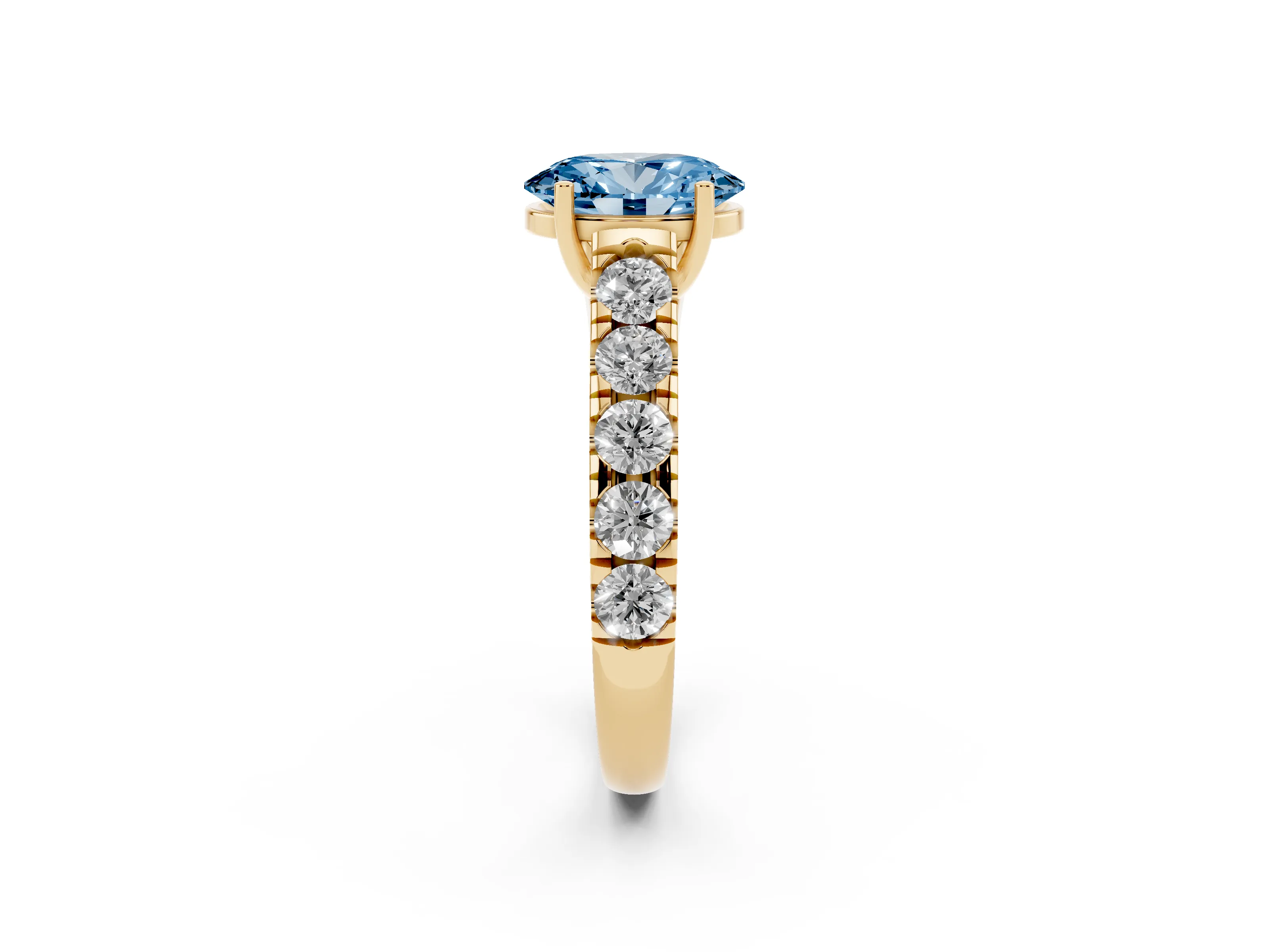 Fancy Blue Oval Cut Diamond Solitaire Ring Set in Yellow gold with Cut-Down Micro Pavé Band and Prong Setting