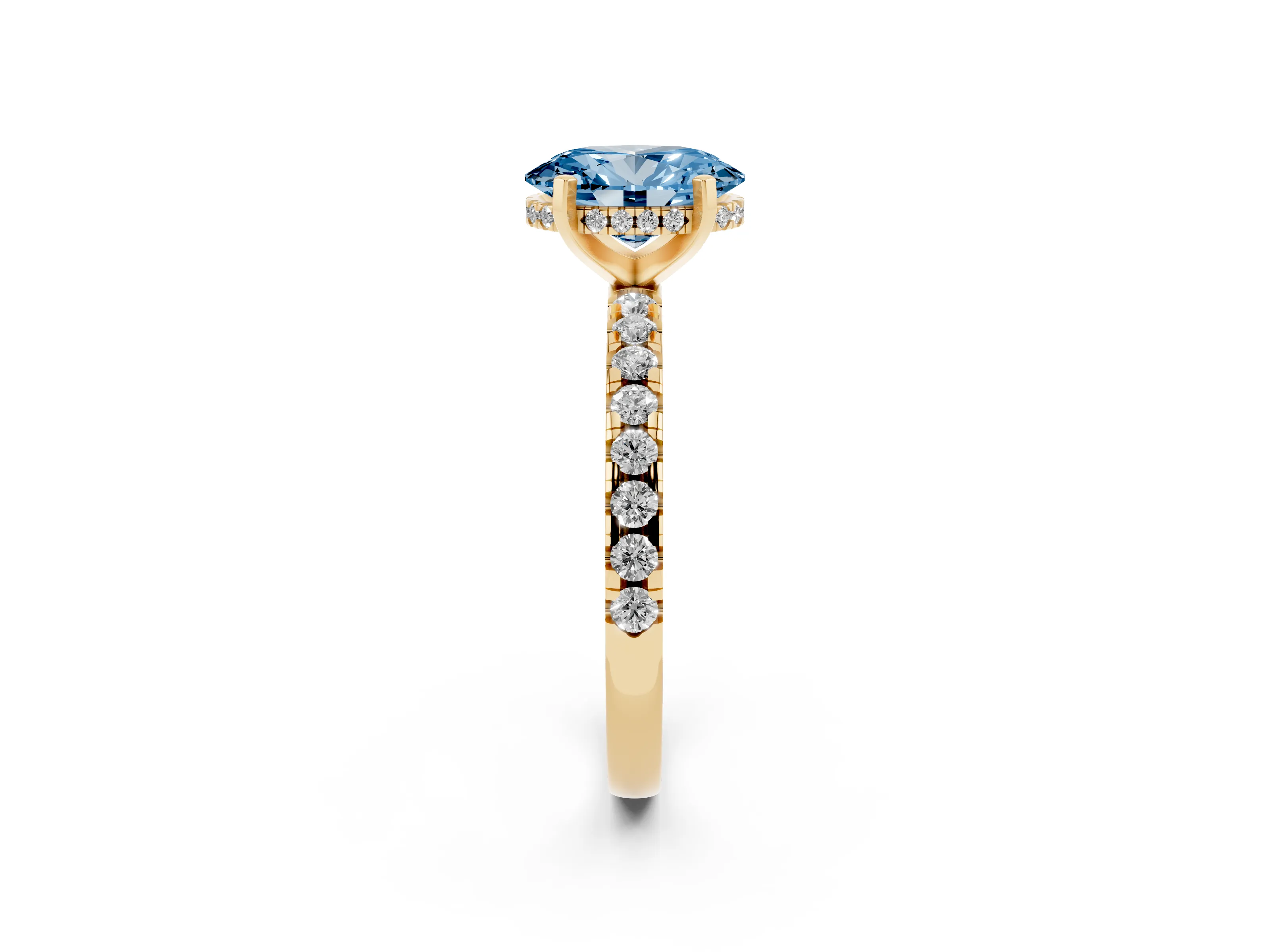Fancy Blue Oval Cut Diamond Pavé Solitaire Ring Set in Yellow gold with Round Band Accents and Prong Setting