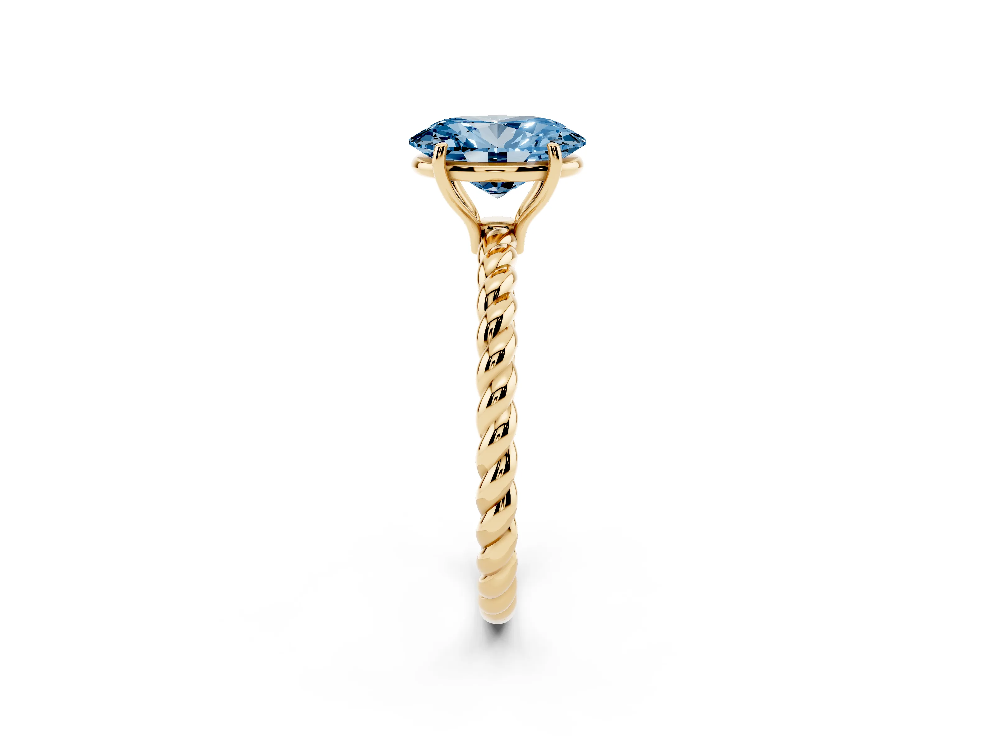 Fancy Blue Oval Cut Diamond Solitaire Twisted Band Ring Set in Yellow gold with Prong Solitaire Setting