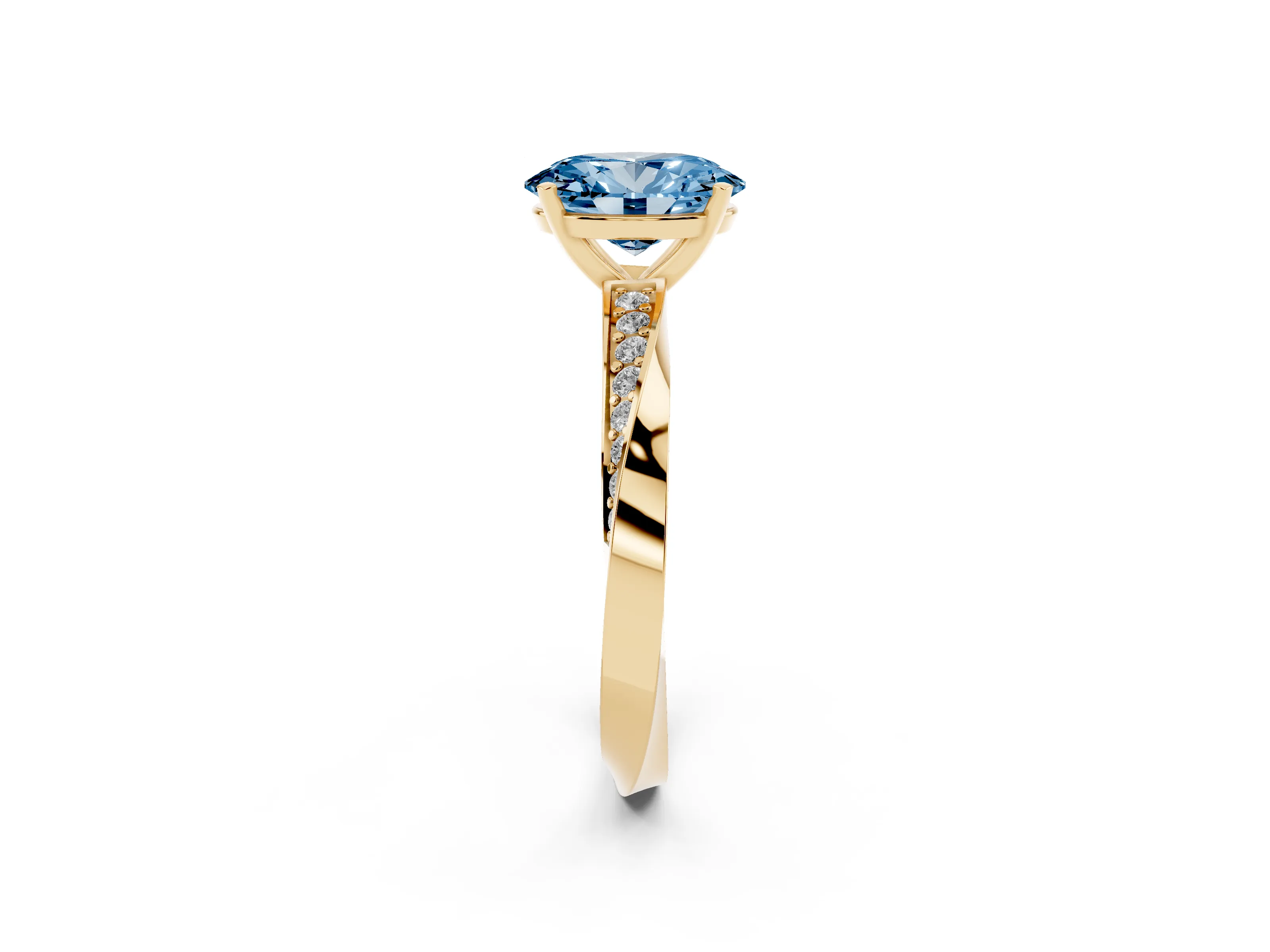 Fancy Blue Oval Cut Diamond Engagement Ring Set in Yellow gold with Side Stone Accents and Prong Setting