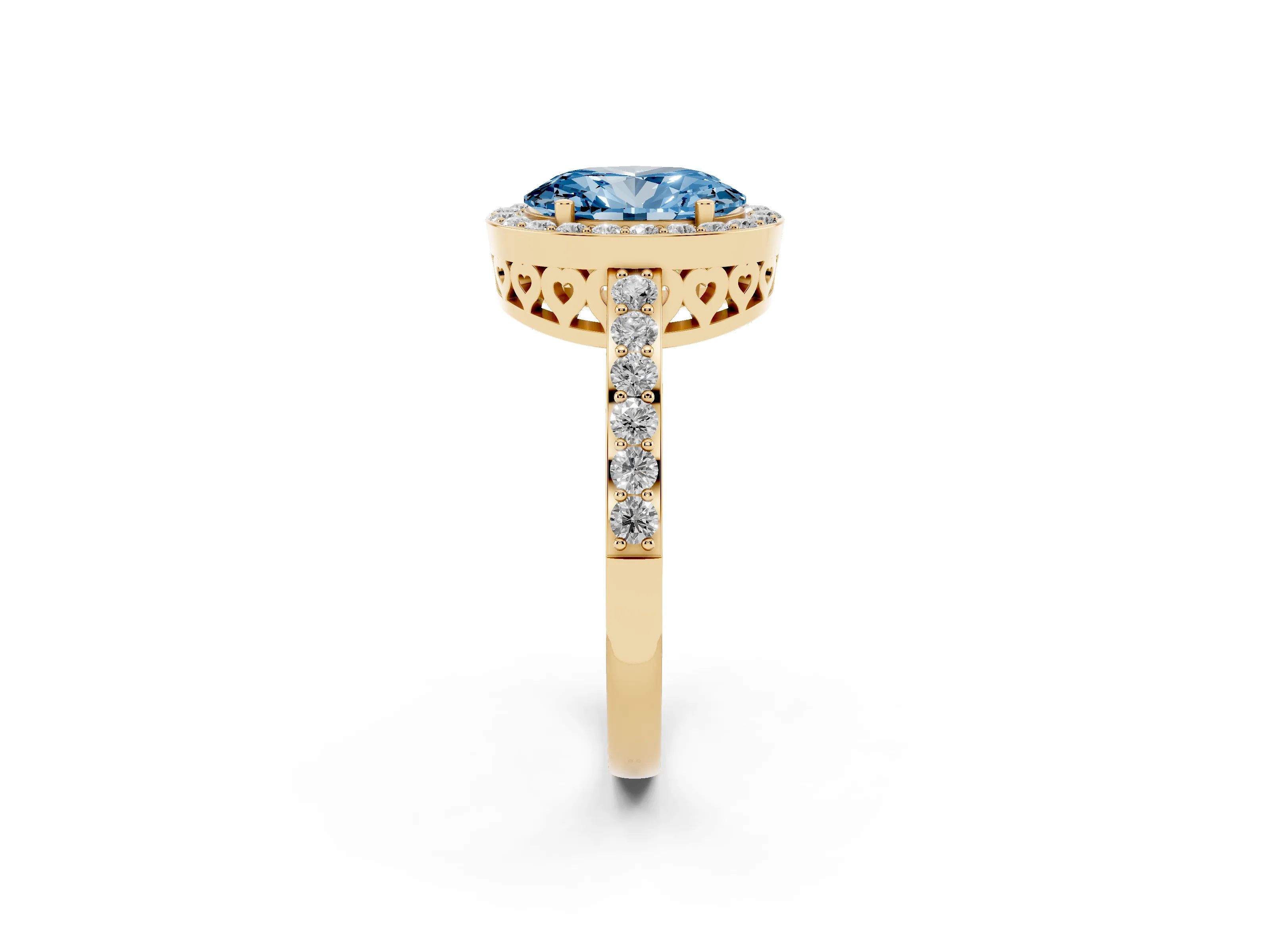 Fancy Blue Oval Cut Diamond Halo Ring Set in Yellow gold with Pavé-Setting Band and Open Prong Center
