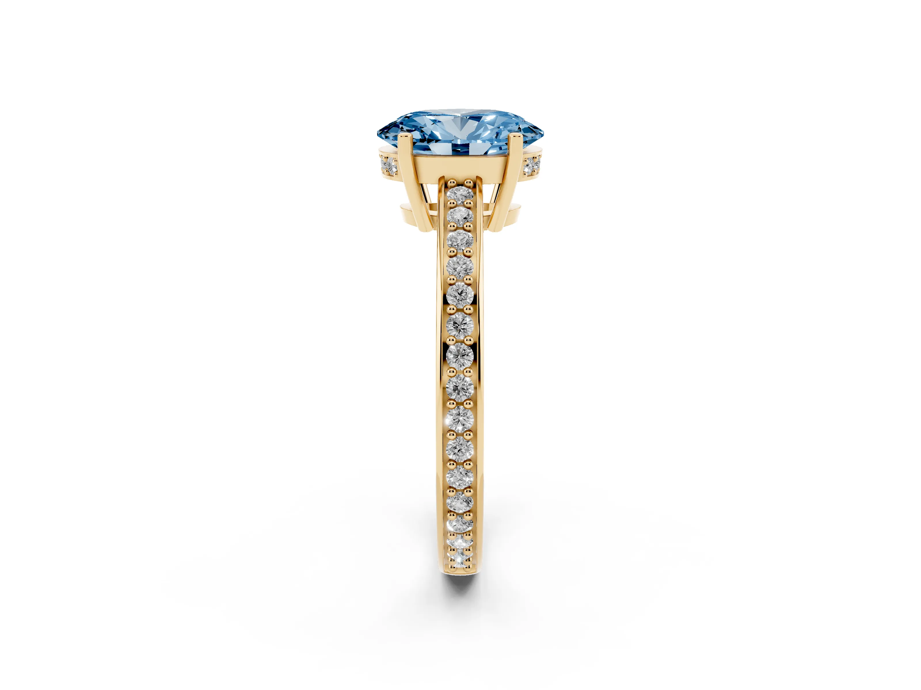 Fancy Blue Oval Cut Diamond Pavé Band Prong Set Solitaire Ring Set in Yellow gold
