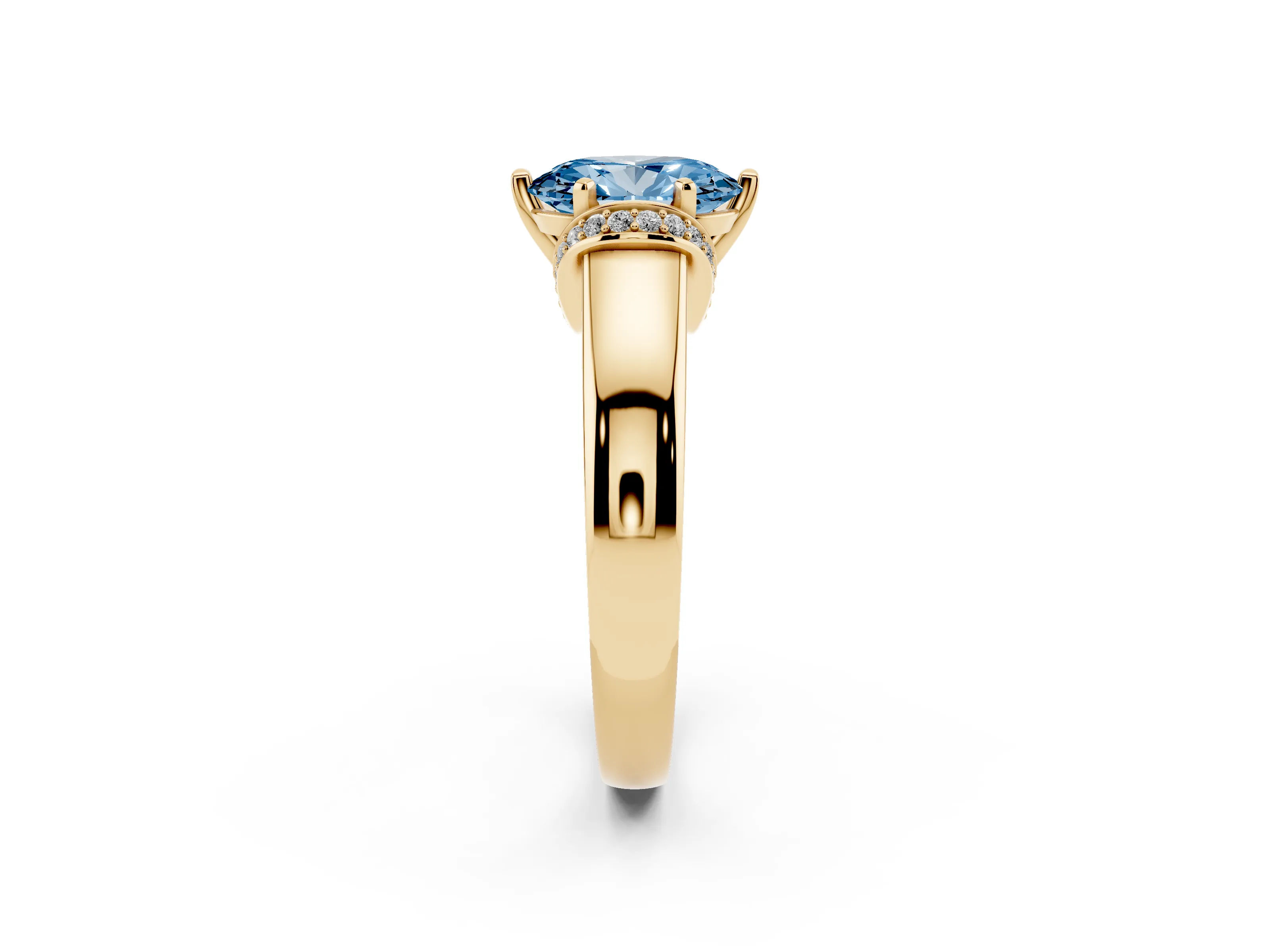 Fancy Blue Oval Cut Diamond Pavé Band Solitaire Ring Set in Yellow gold with Prong Setting