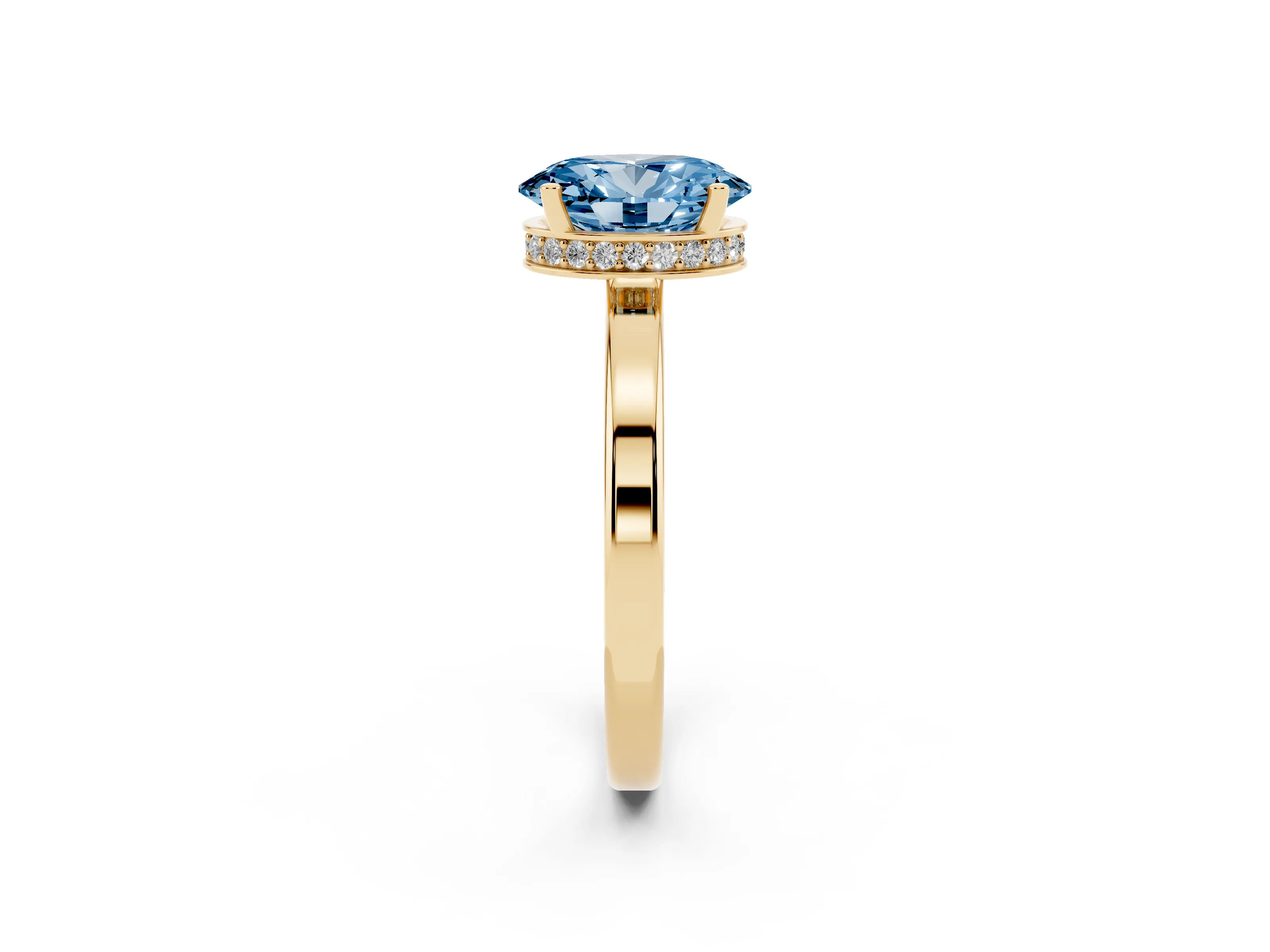 Fancy Blue Oval Cut Diamond Solitaire Engagement Ring Set in Yellow gold with Prong Setting on a Plain Band