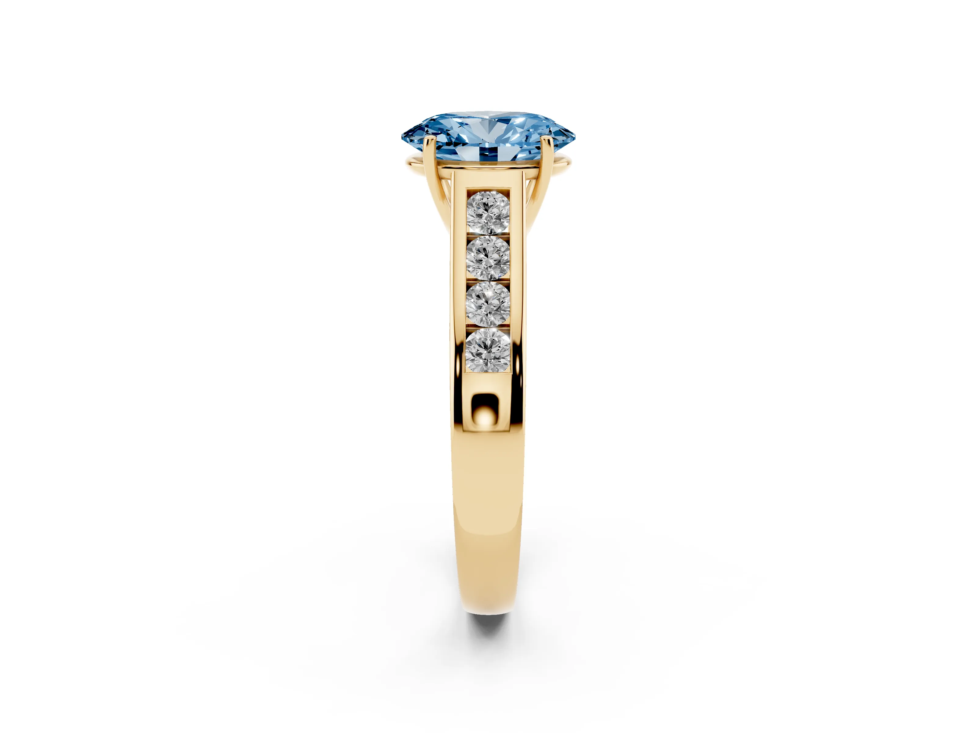 Fancy Blue Oval Cut Diamond Solitaire Channel-Set Engagement Ring Set in Yellow gold with Prong Setting