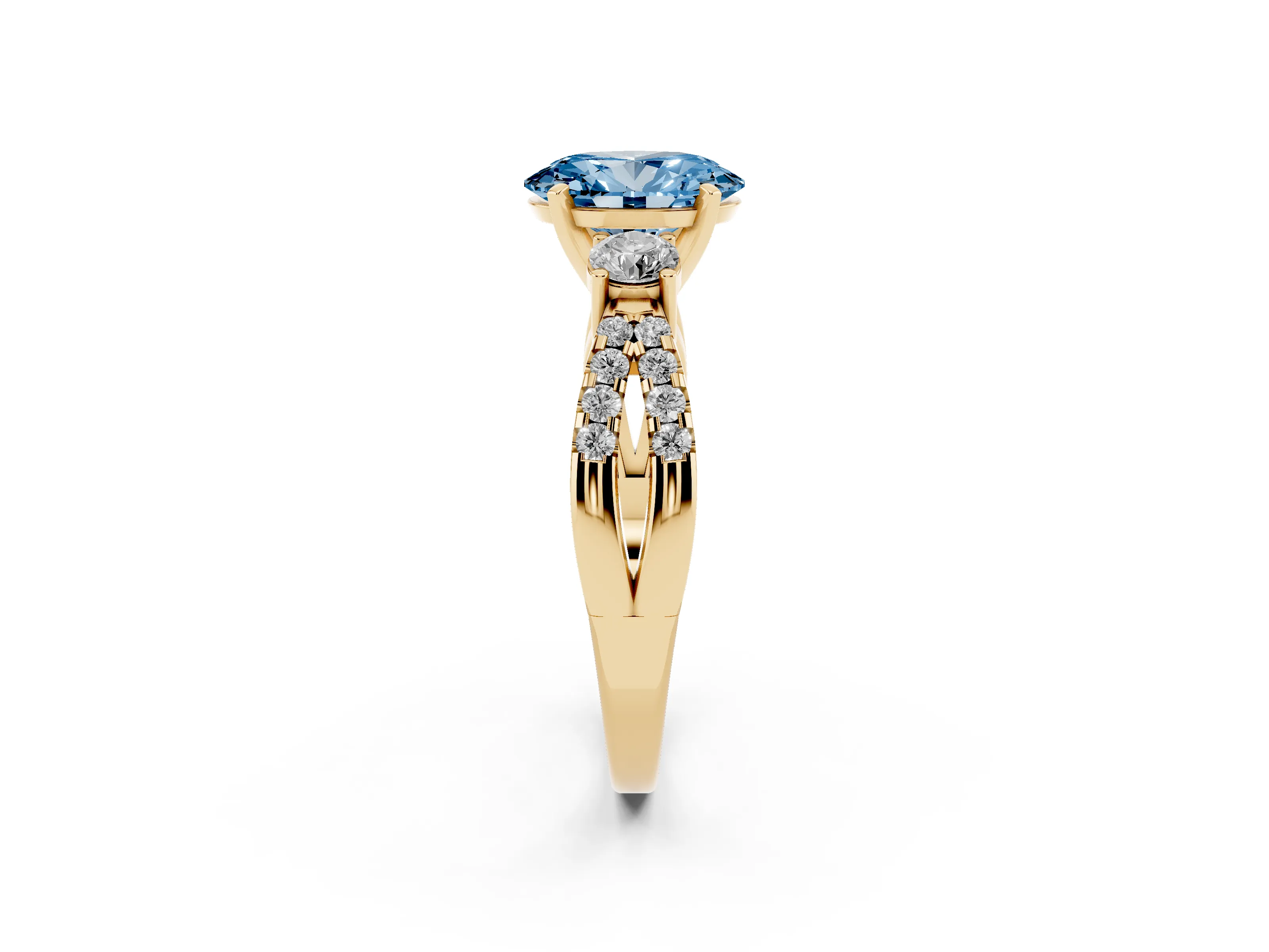 Fancy Blue Oval Cut Diamond Three-Stone Ring Set in Yellow gold with Pavé Split Shank and Prong Setting