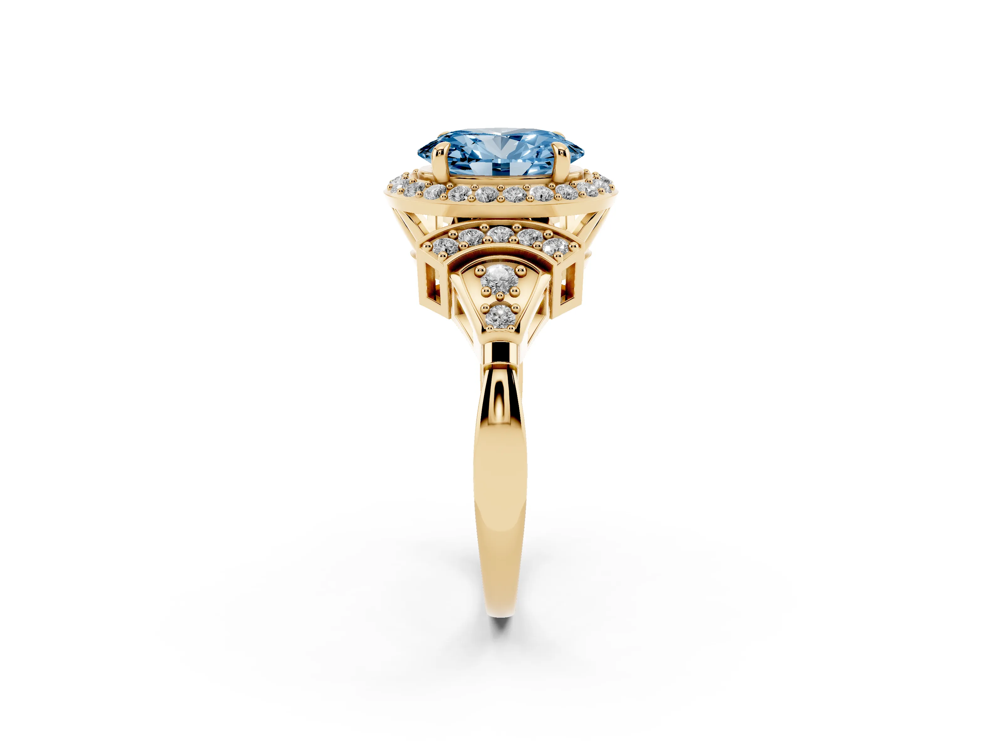 Fancy Blue Oval Cut Diamond Halo Engagement Ring Set in Yellow gold with Accent Stone Split Shank