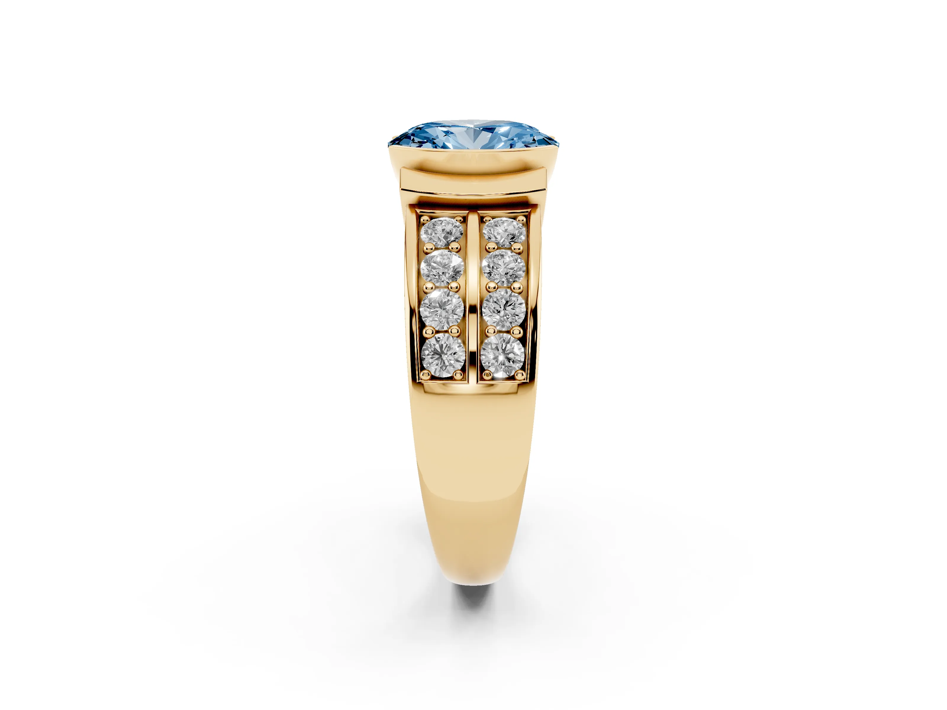 Fancy Blue Oval Cut Diamond Wide Channel Set Band Ring Set in Yellow gold with Bezel Setting