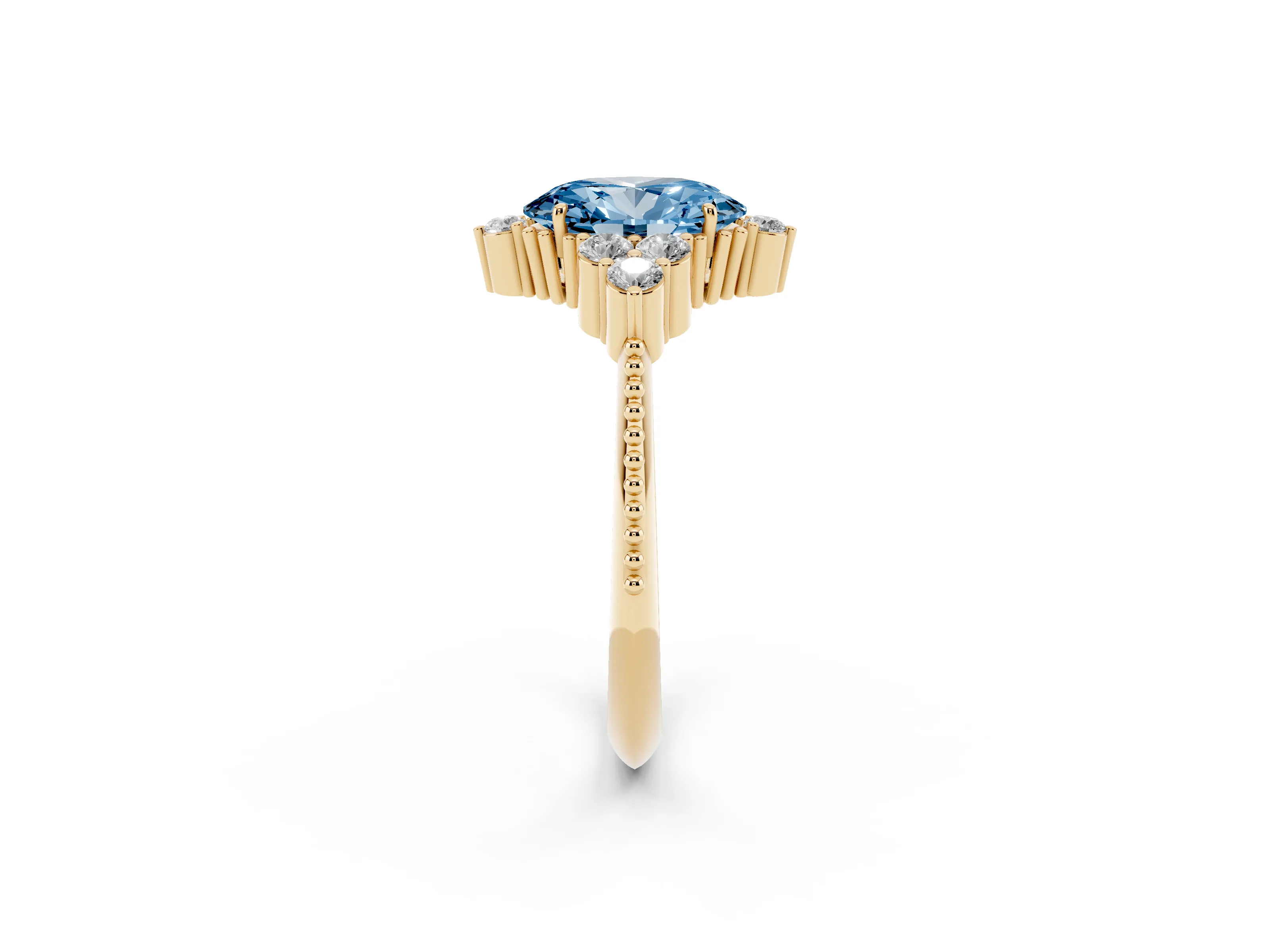 Fancy Blue Oval Cut Diamond Cluster Ring Set in Yellow gold with Beaded Band