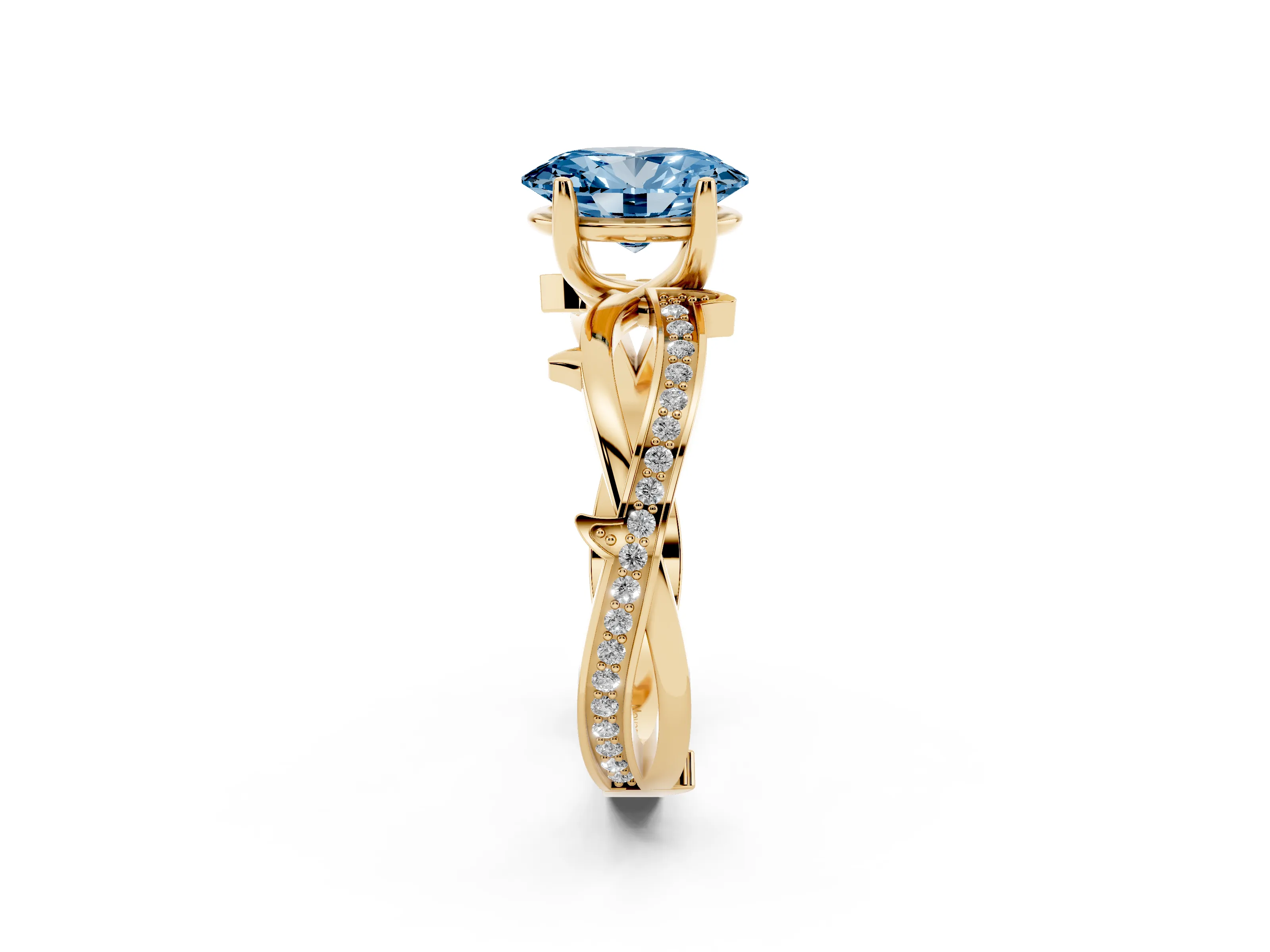 Fancy Blue Oval Cut Diamond Pavé Twist Band Solitaire Ring Set in Yellow gold with Prong Setting