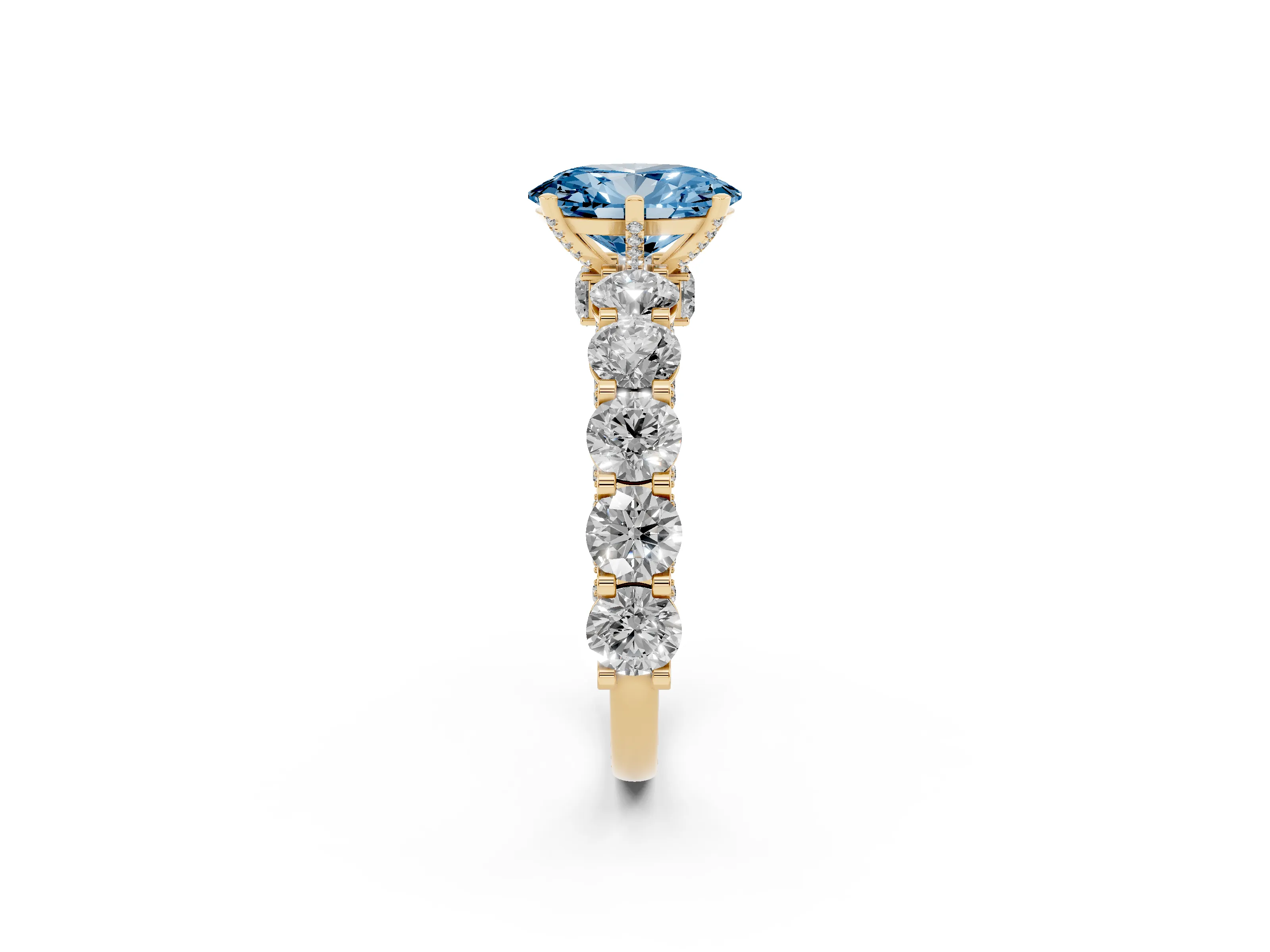 Fancy Blue Oval Cut Diamond Side Stone Ring Set in Yellow gold with Alternating Round and Oval Side Stones