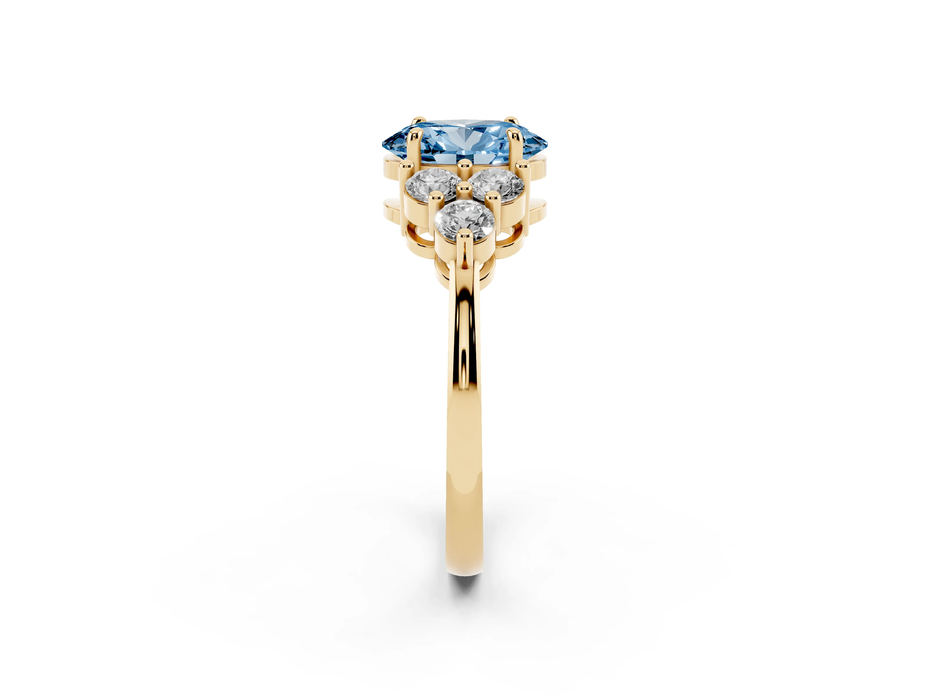 Fancy Blue Oval Cut Diamond Solitaire Ring Set in Yellow gold with Cluster Accents on Each Side
