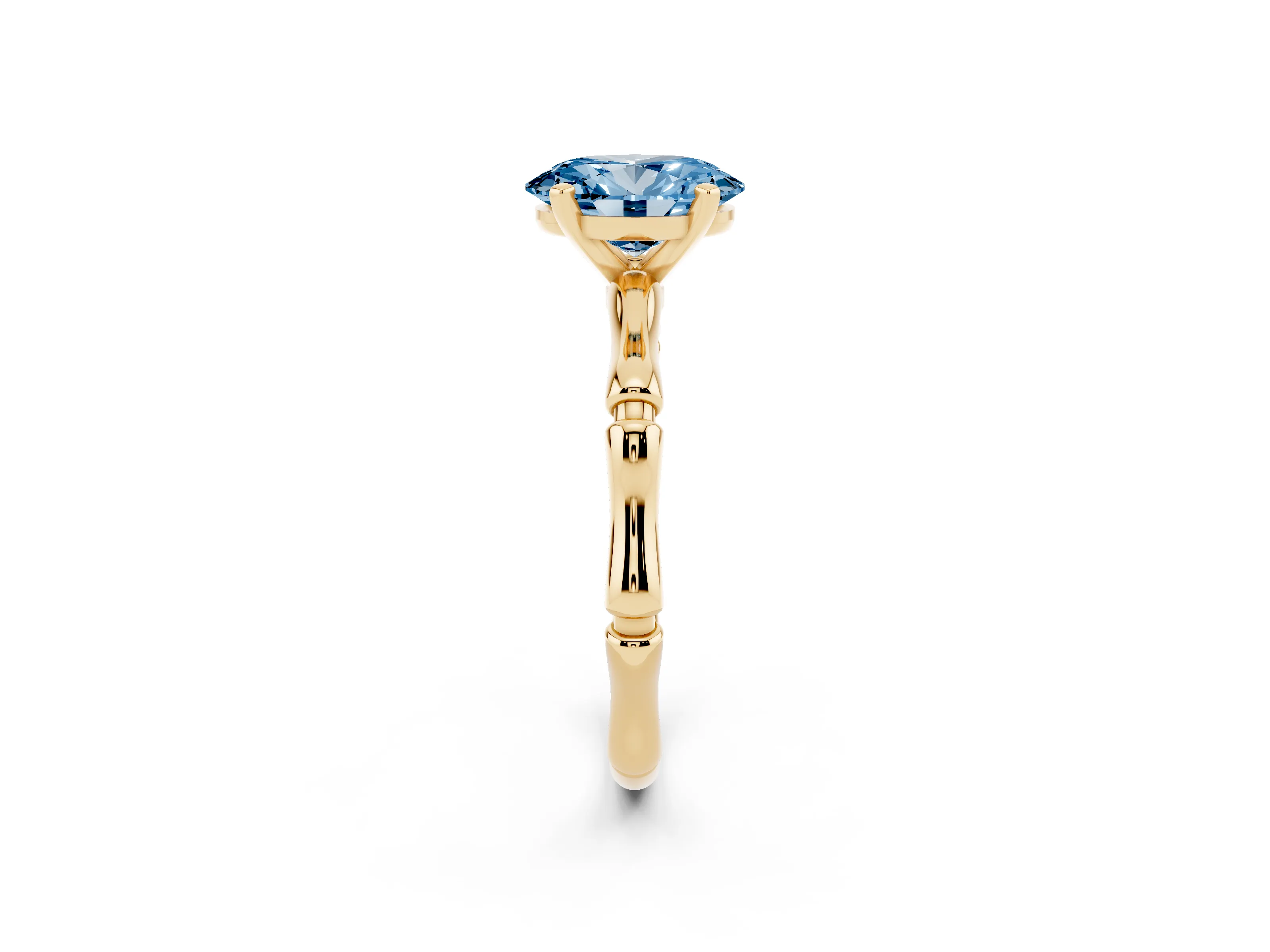 Fancy Blue Oval Cut Diamond Solitaire Ring Set in Yellow gold with Bamboo Band and Prong Setting