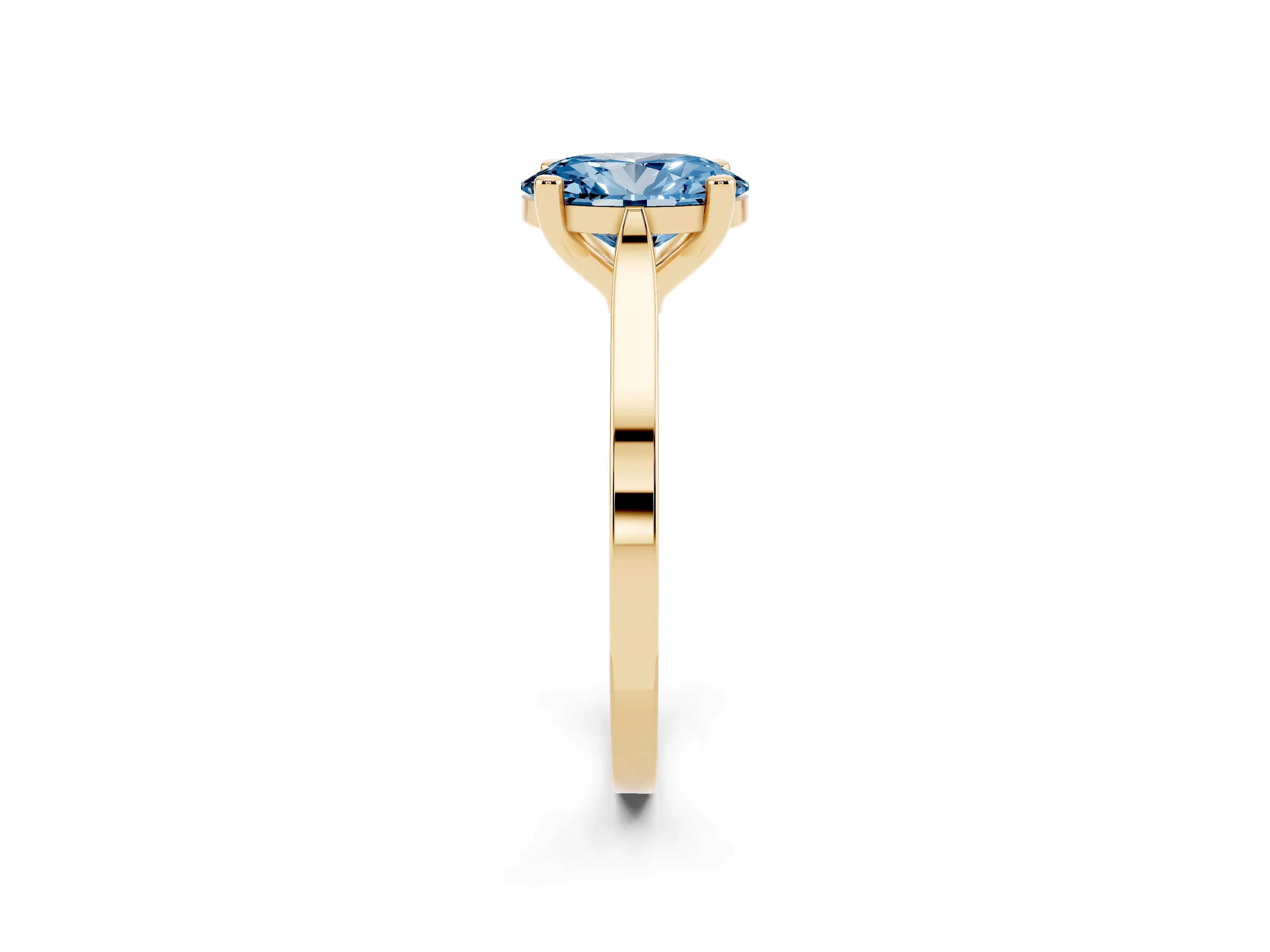 Fancy Blue Oval Cut Diamond Solitaire Ring Set in Yellow gold with Prong Setting and Tapered Band