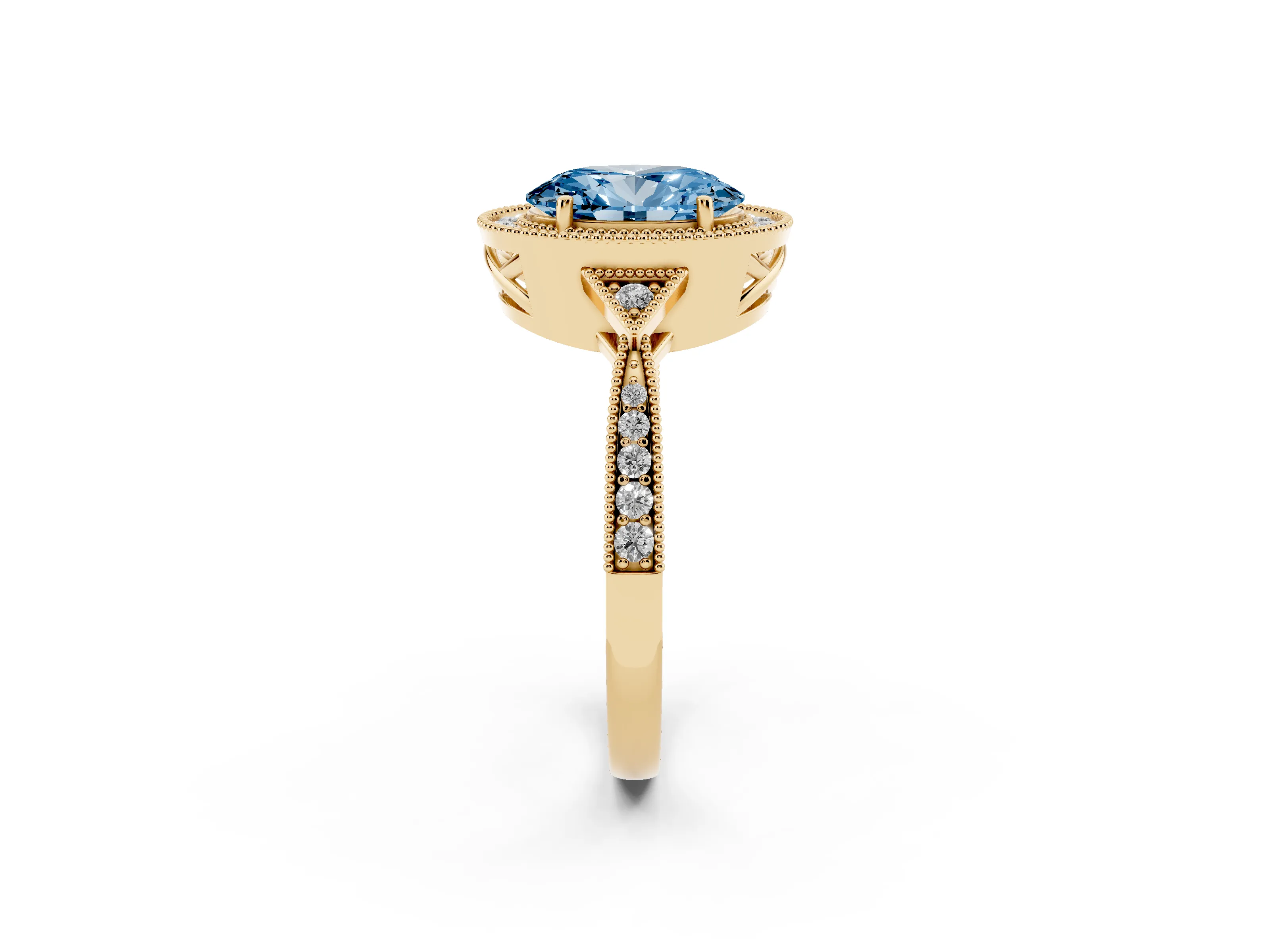 Fancy Blue Oval Cut Diamond Halo Engagement Ring Set in Yellow gold with Milgrain Pavé Band