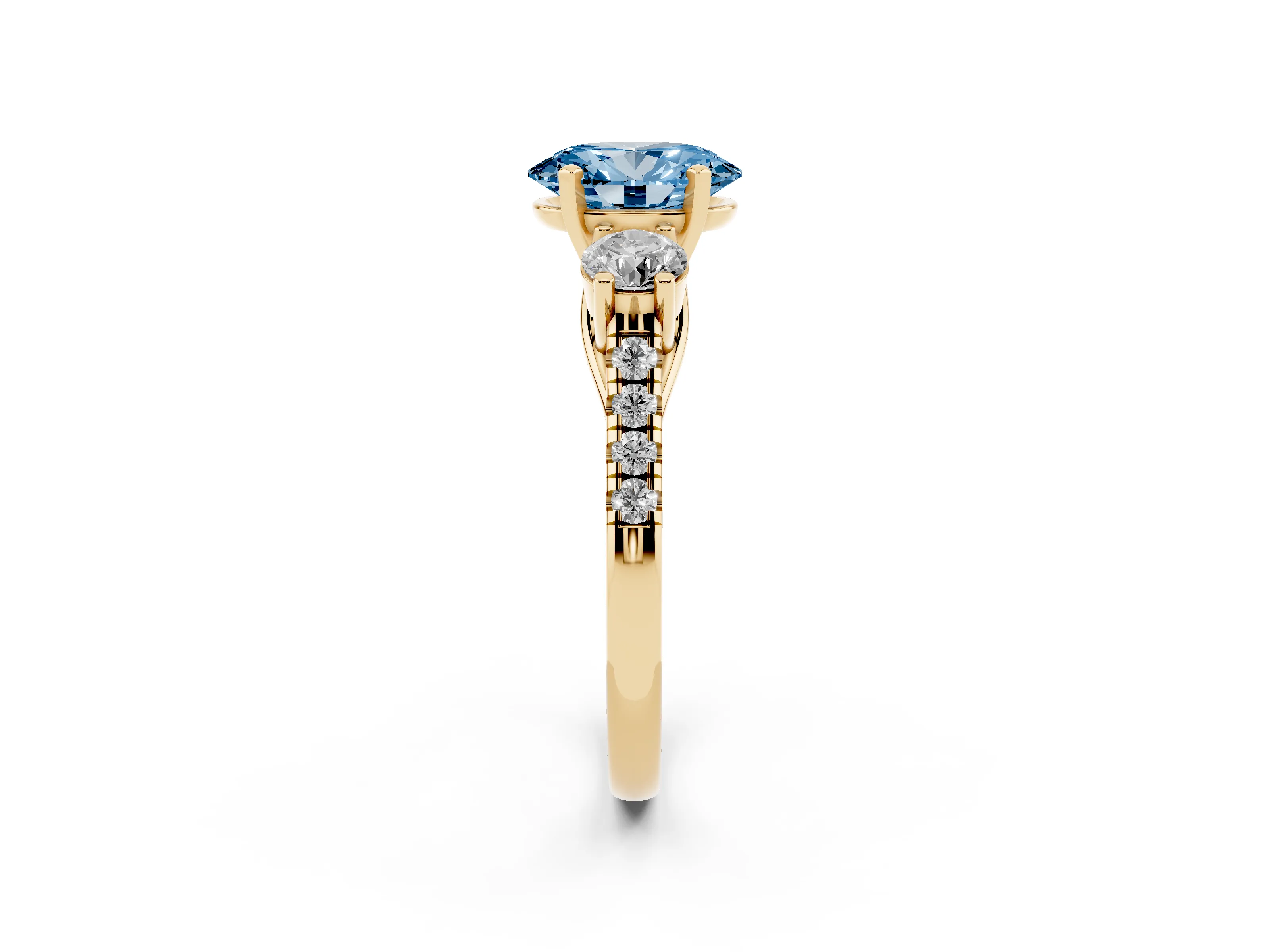 Fancy Blue Three-Stone Oval Cut Diamond Pavé Band Ring Set in Yellow gold with Prong-Set Trio