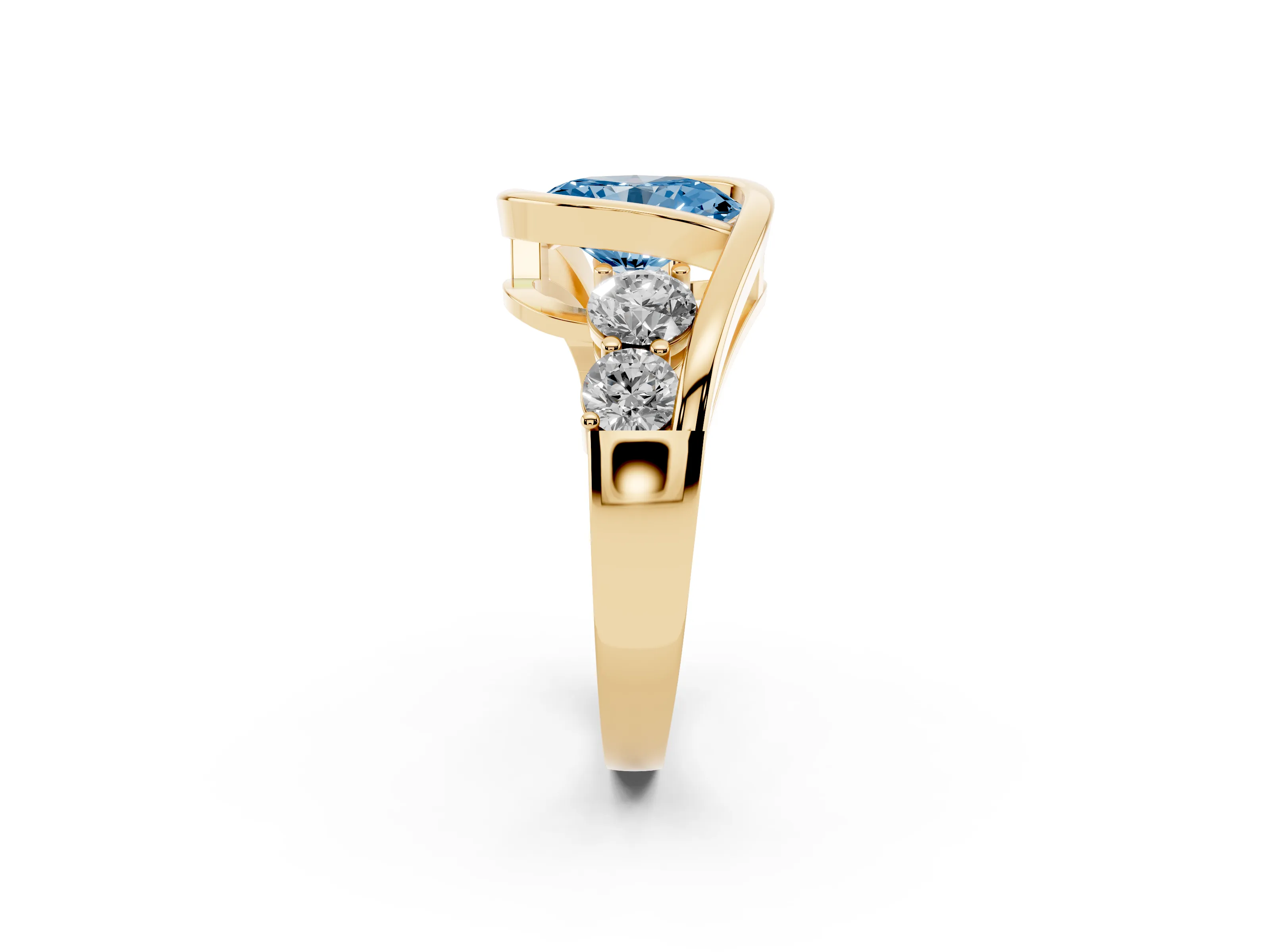 Fancy Blue Oval Cut Diamond Bezel Bypass Ring Set in Yellow gold with Round Accents