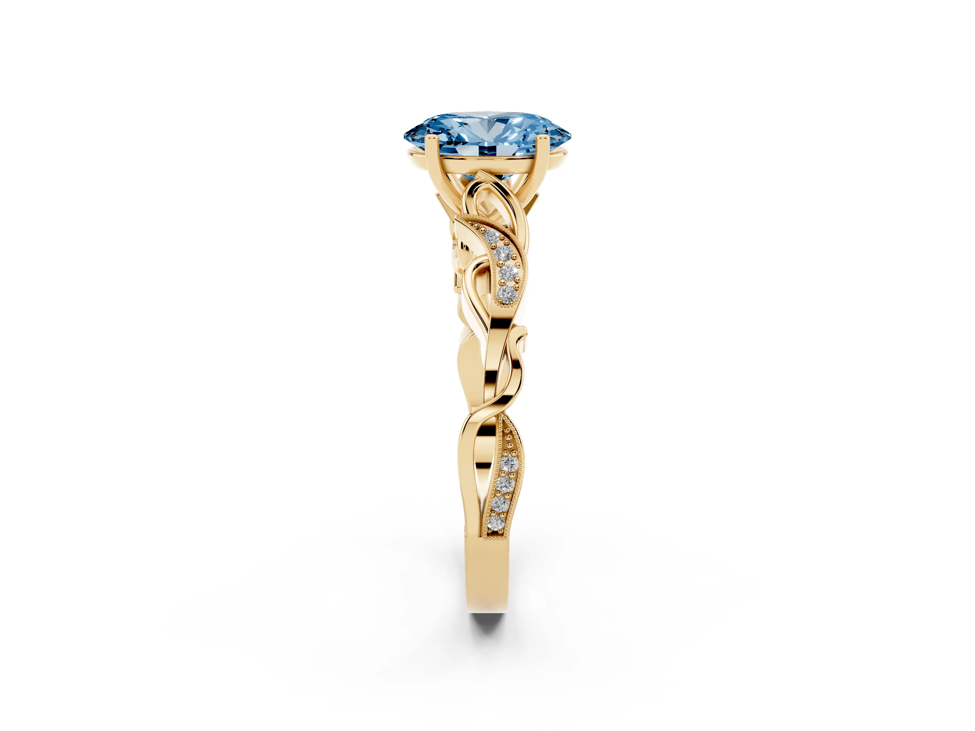 Fancy Blue Oval Cut Diamond Vine Band Solitaire Ring Set in Yellow gold with Milgrain Prong Setting