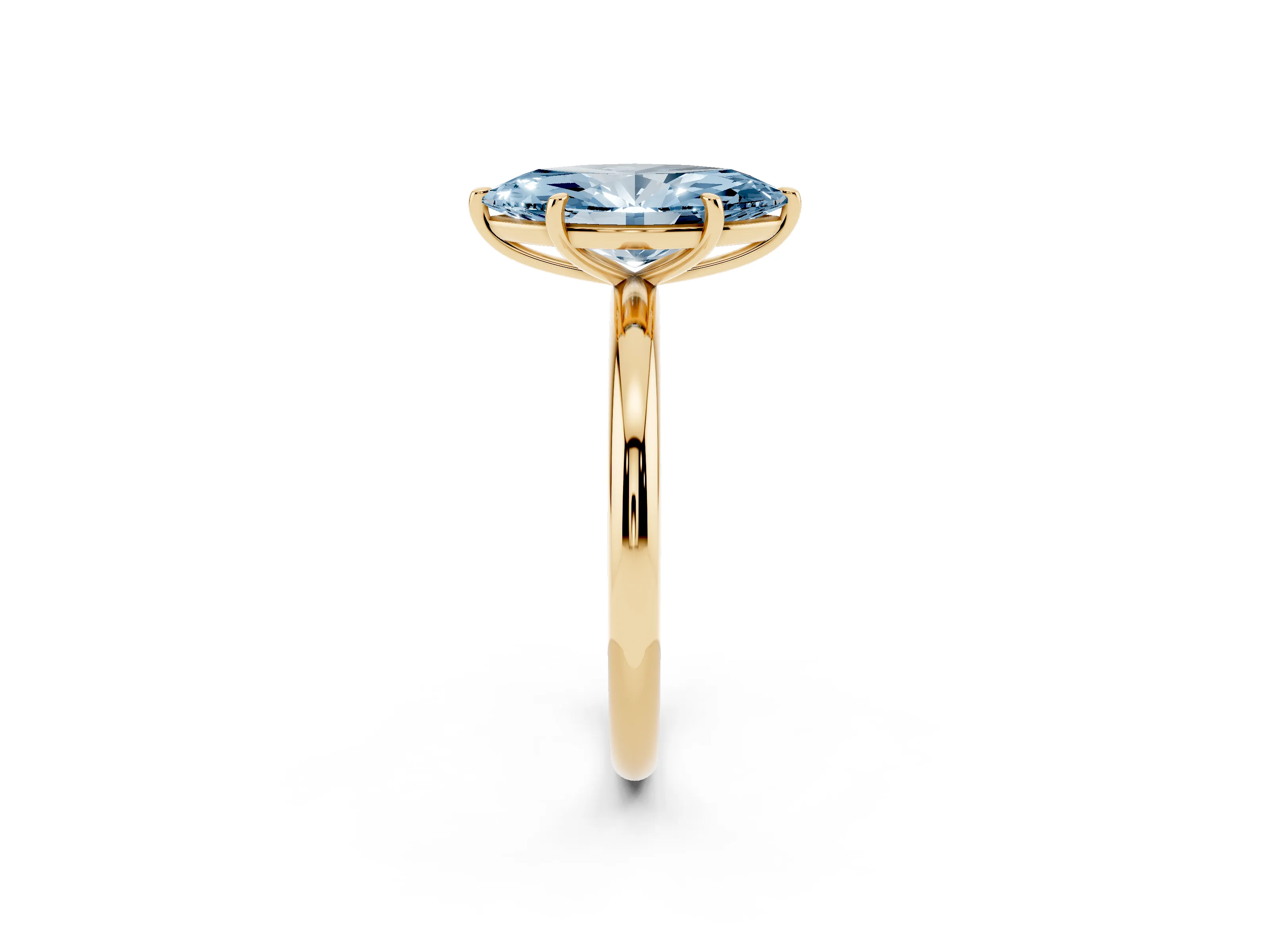 Fancy Blue Oval Cut Diamond Solitaire Ring Set in Yellow gold with Prong Setting on a Polished Plain Band