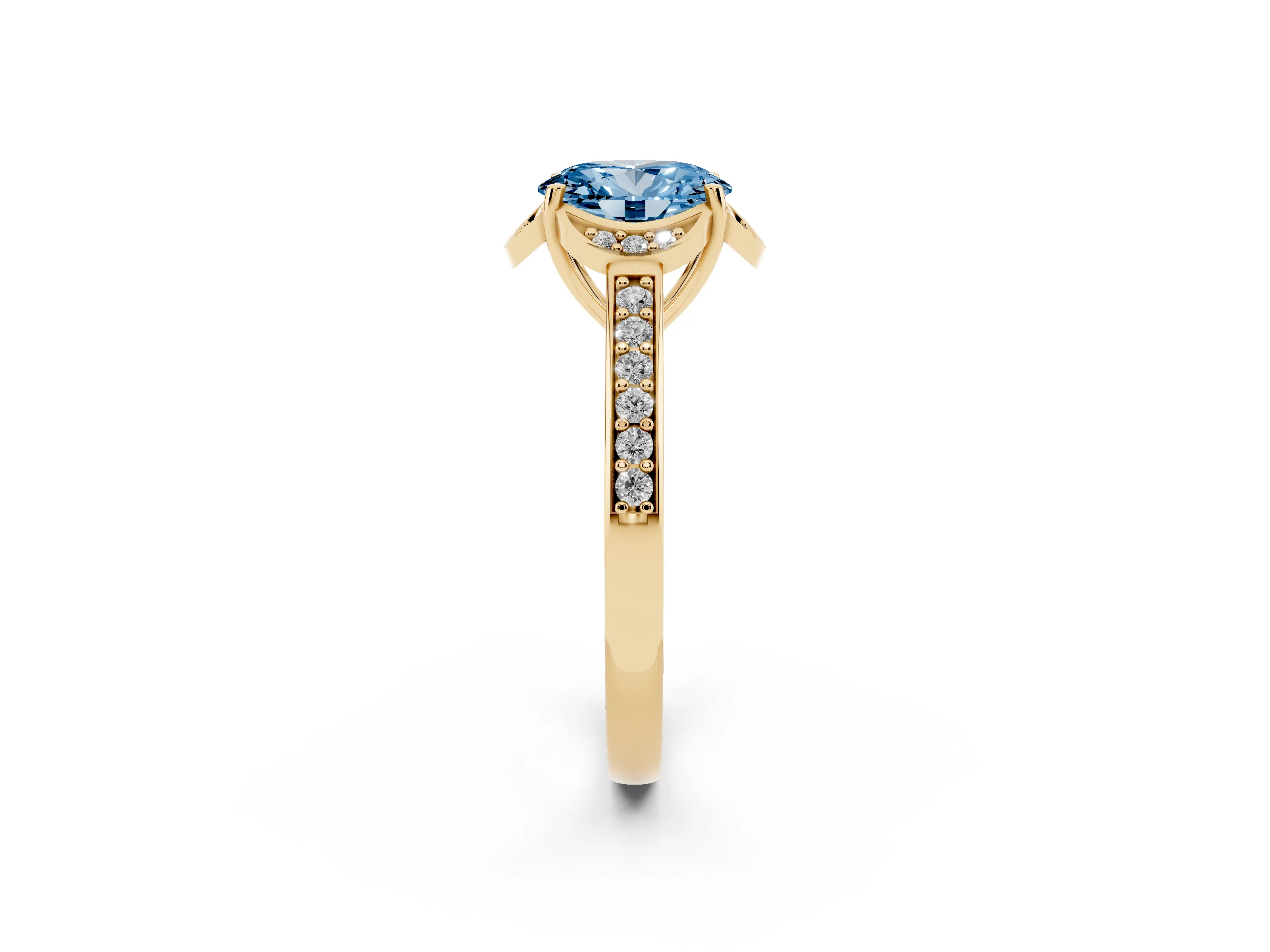 Fancy Blue Oval Cut Diamond Halo Ring Set in Yellow gold with Channel Set Band and Prong Setting