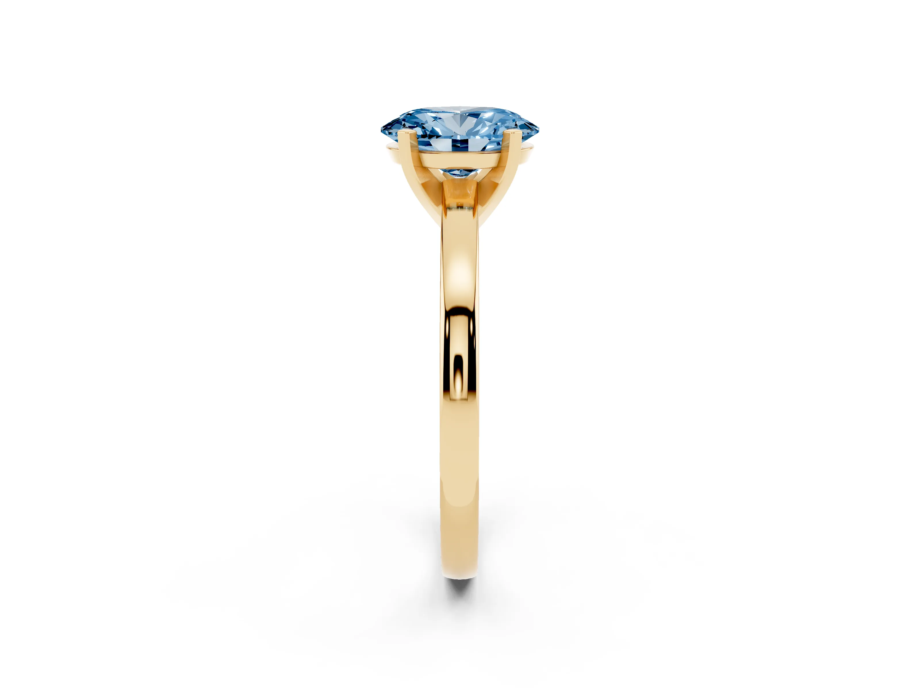Fancy Blue Oval Cut Diamond Solitaire Engagement Ring Set in Yellow gold with Prong Setting on a Classic Band