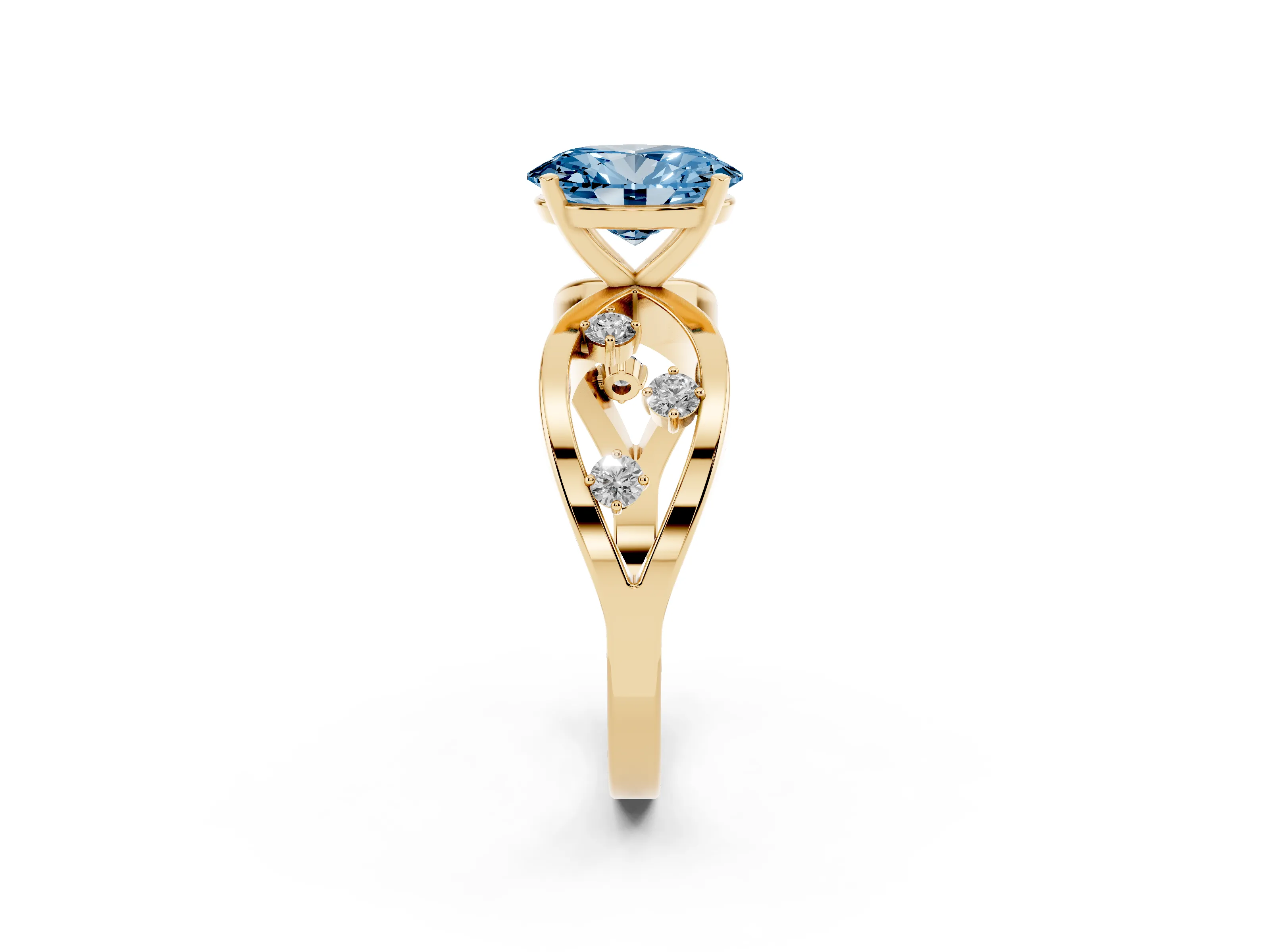 Fancy Blue Oval Cut Diamond Solitaire Ring Set in Yellow gold with Side Stones on Criss-Cross Band and Prong Setting