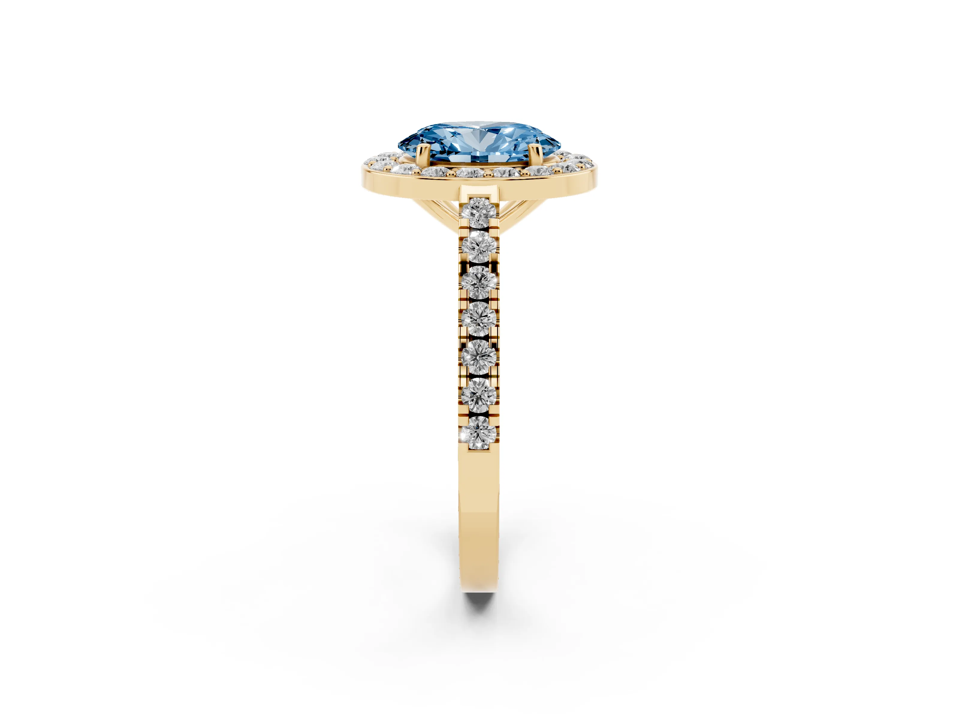 Fancy Blue Oval Cut Diamond Halo Ring Set in Yellow gold with Round Pavé Split Shank and Prong Setting
