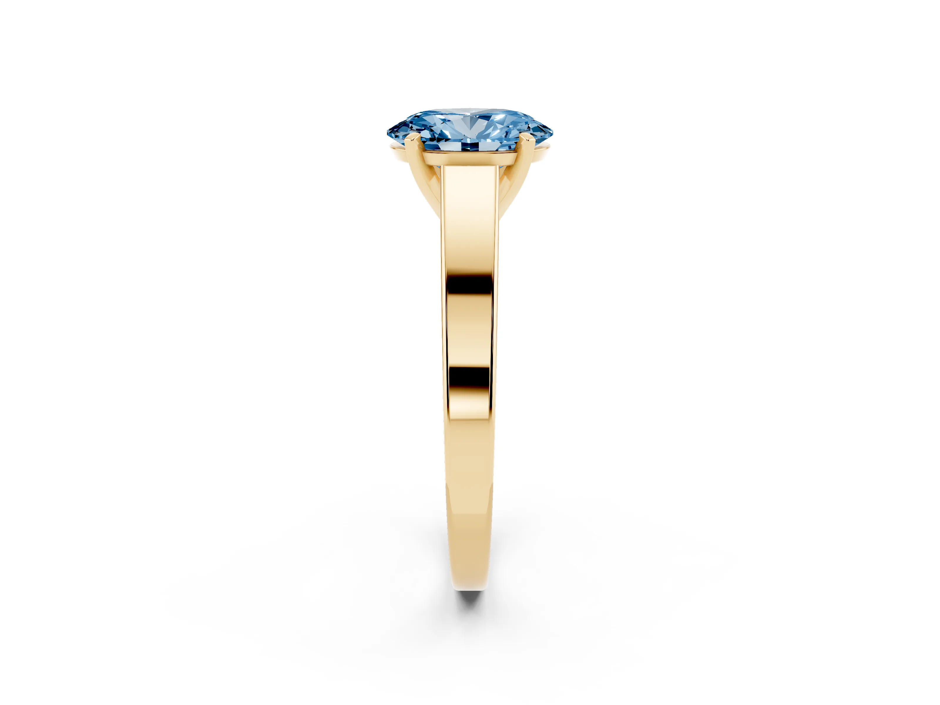 Fancy Blue Oval Cut Diamond Solitaire Engagement Ring Set in Yellow gold with Prong Setting and Tapered Band
