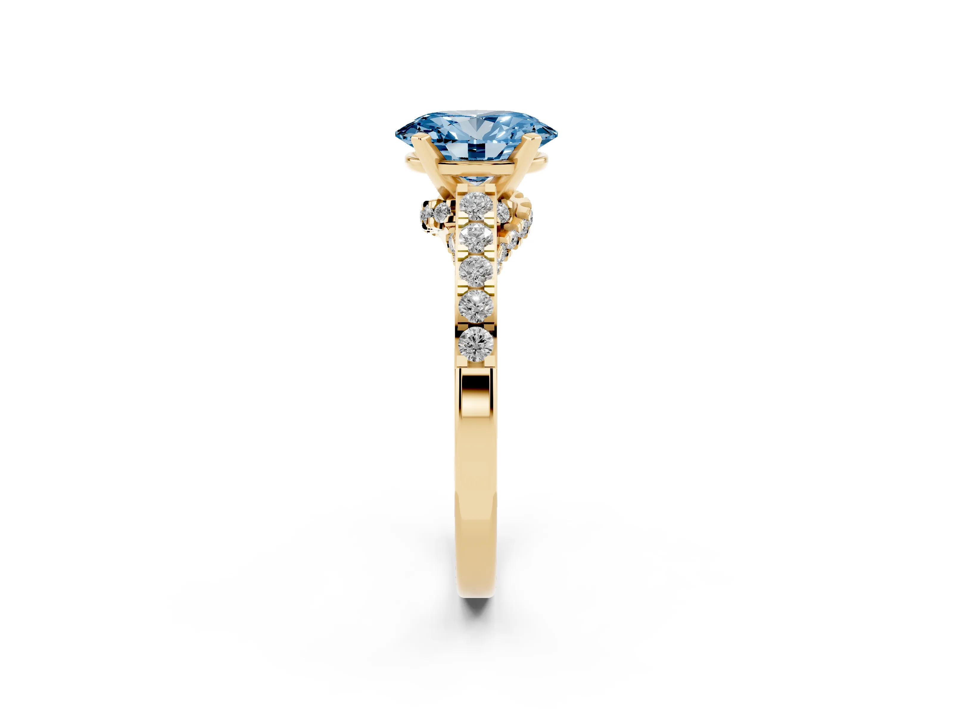 Fancy Blue Oval Cut Diamond Solitaire Ring Set in Yellow gold with Crossover Gallery and Round Pavé Band