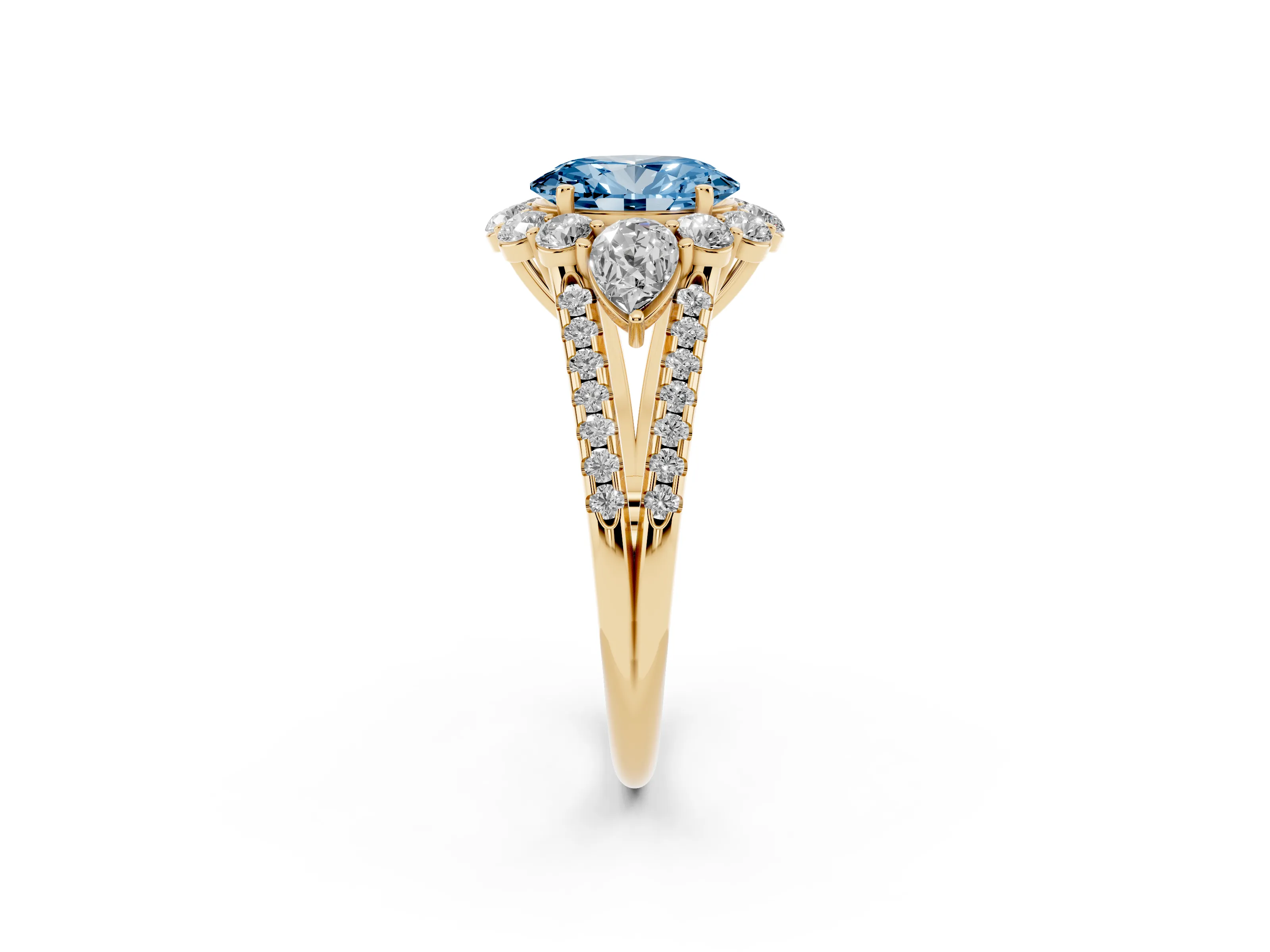 Fancy Blue Oval Cut Diamond Halo Split Shank Engagement Ring Set in Yellow gold with Prong-Held Center Stone