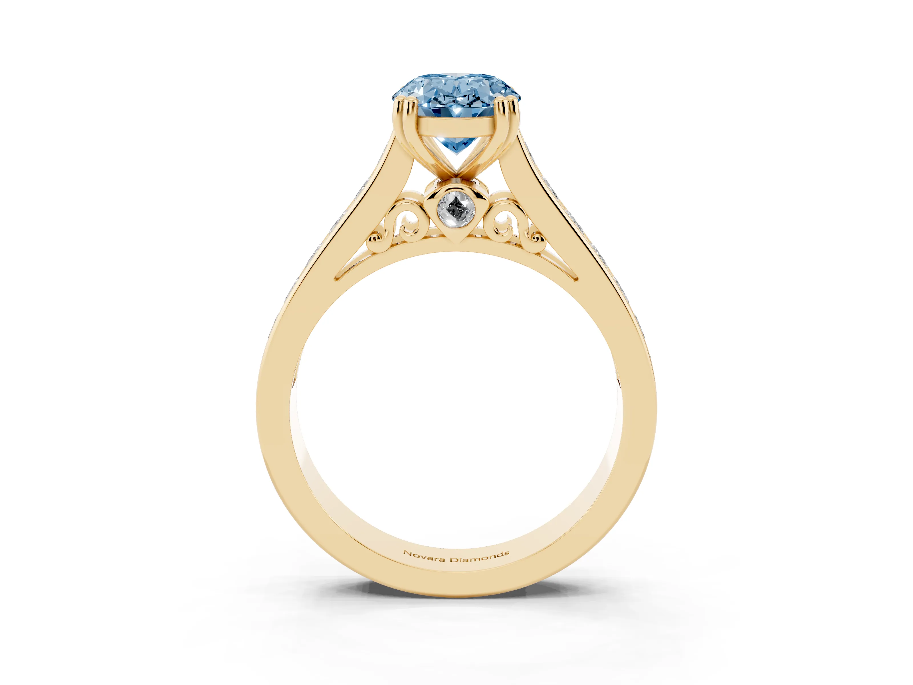 Fancy Blue Oval Cut Diamond Channel Set Solitaire Engagement Ring Set in Yellow gold with Prong Setting
