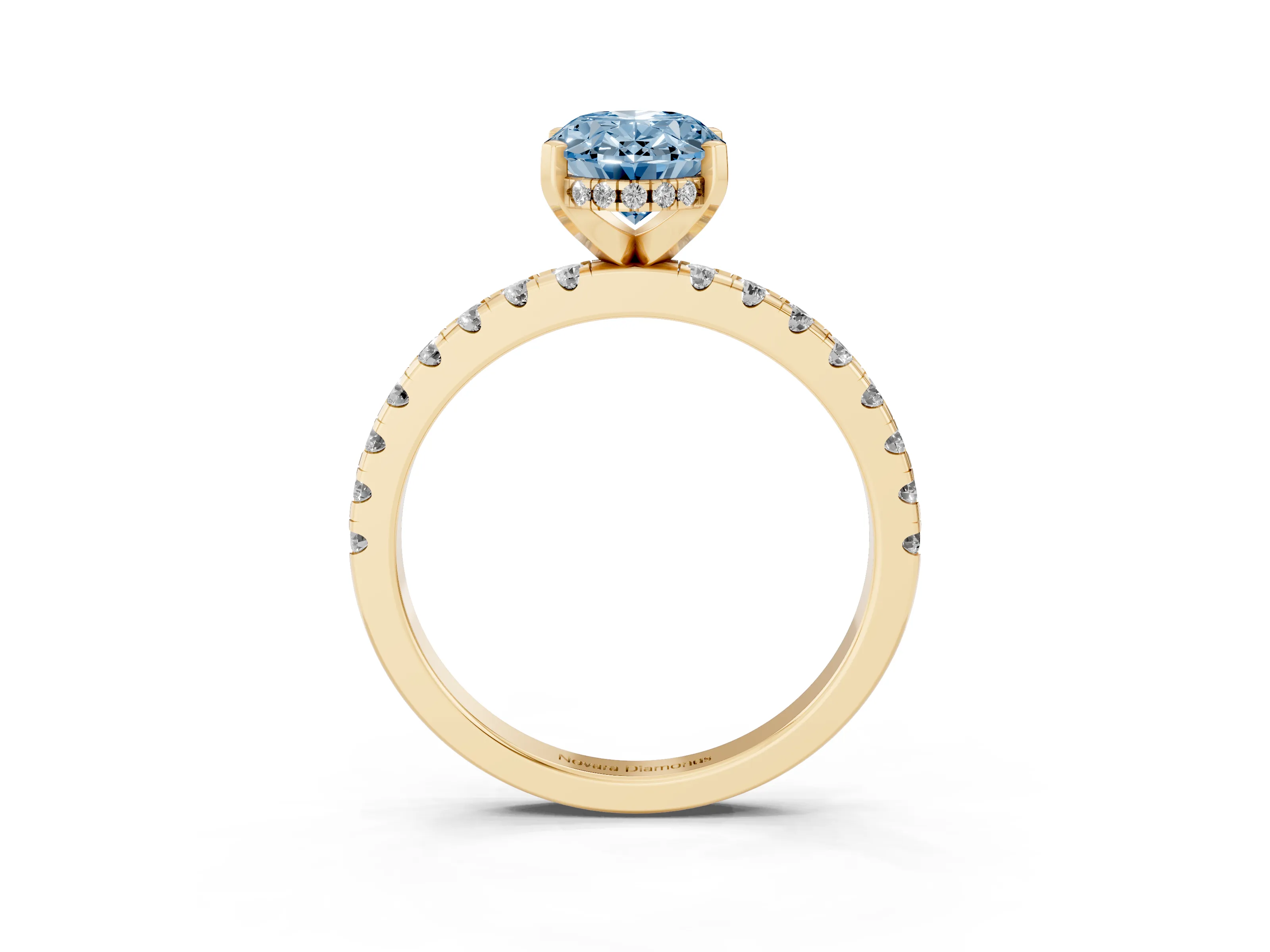 Fancy Blue Oval Cut Diamond Pavé Solitaire Ring Set in Yellow gold with Round Band Accents and Prong Setting