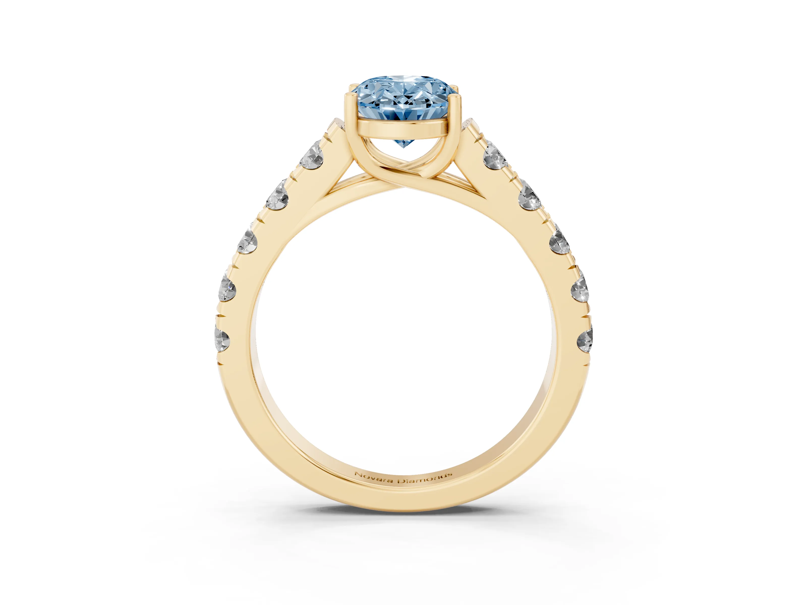 Fancy Blue Oval Cut Diamond Solitaire Ring Set in Yellow gold with Cut-Down Micro Pavé Band and Prong Setting