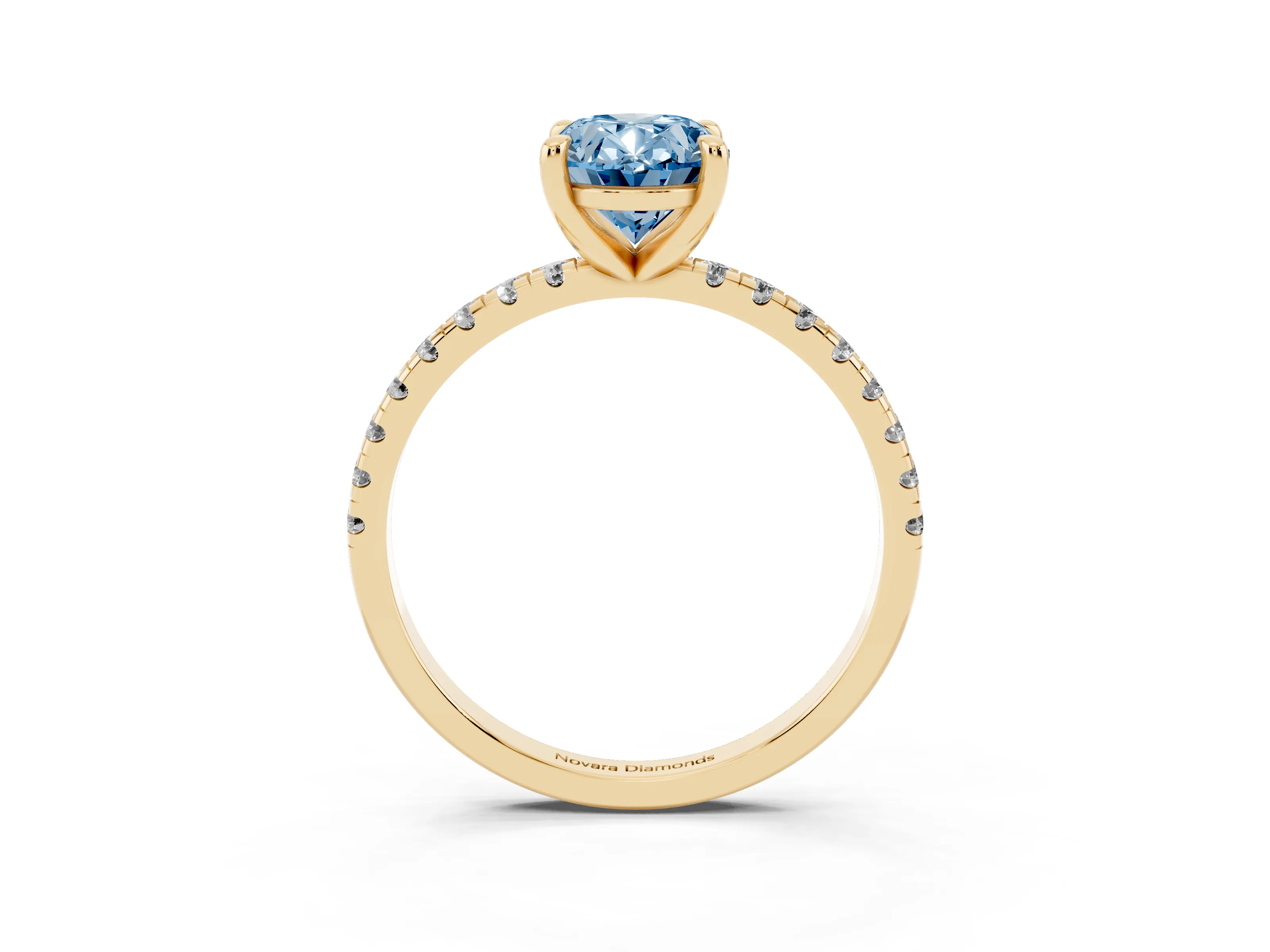 Fancy Blue Oval Cut Diamond Brilliant Solitaire Ring Set in Yellow gold with Pavé Band and Prong Setting