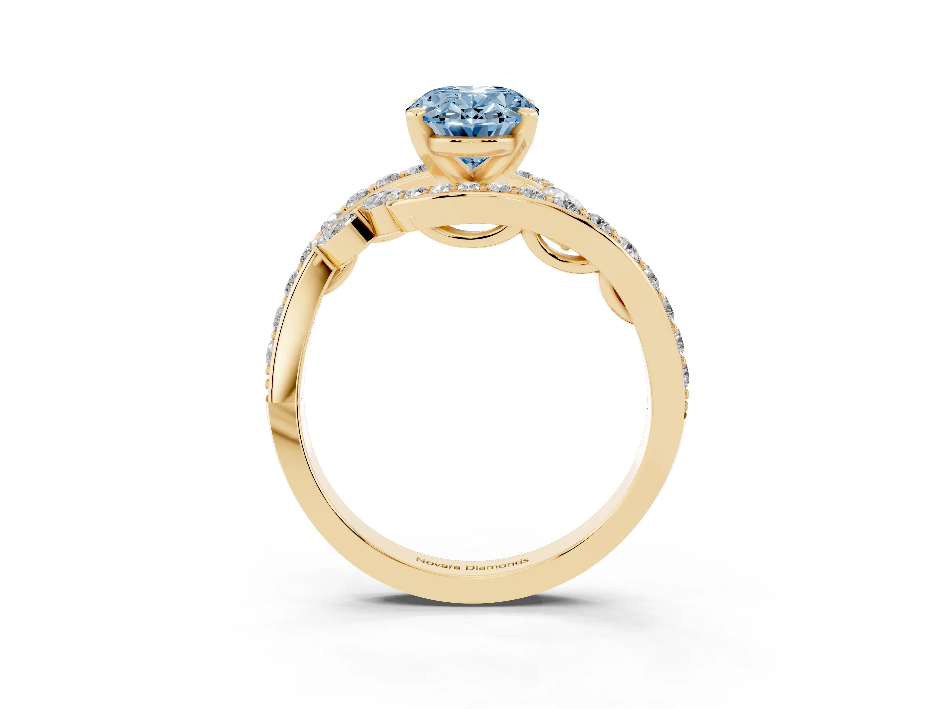Fancy Blue Oval Cut Diamond Solitaire Ring Set in Yellow gold with Pavé Twist Band and Secure Prong Setting