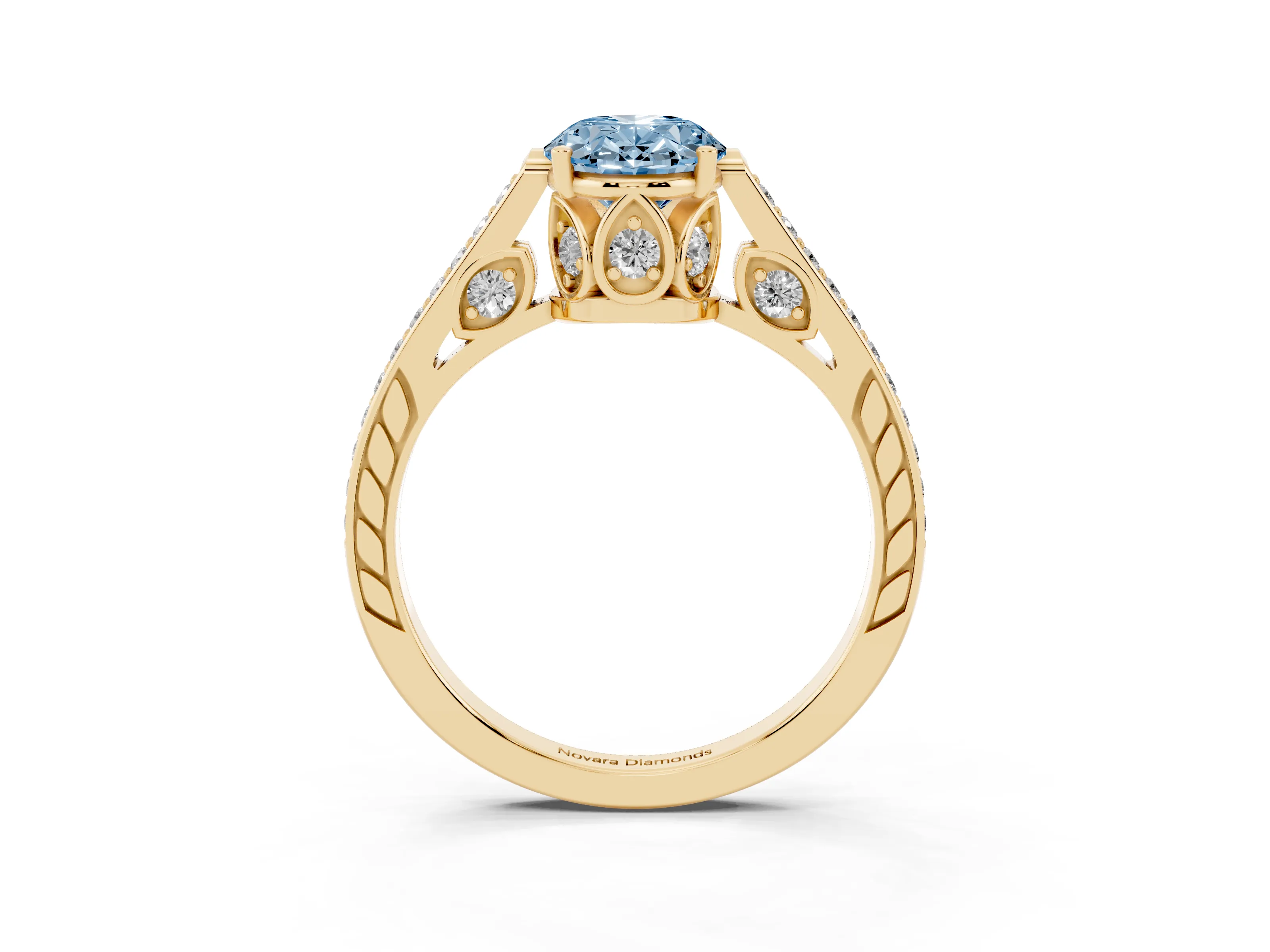 Fancy Blue Oval Cut Diamond Cathedral Pavé Engagement Ring Set in Yellow gold with Prong Setting
