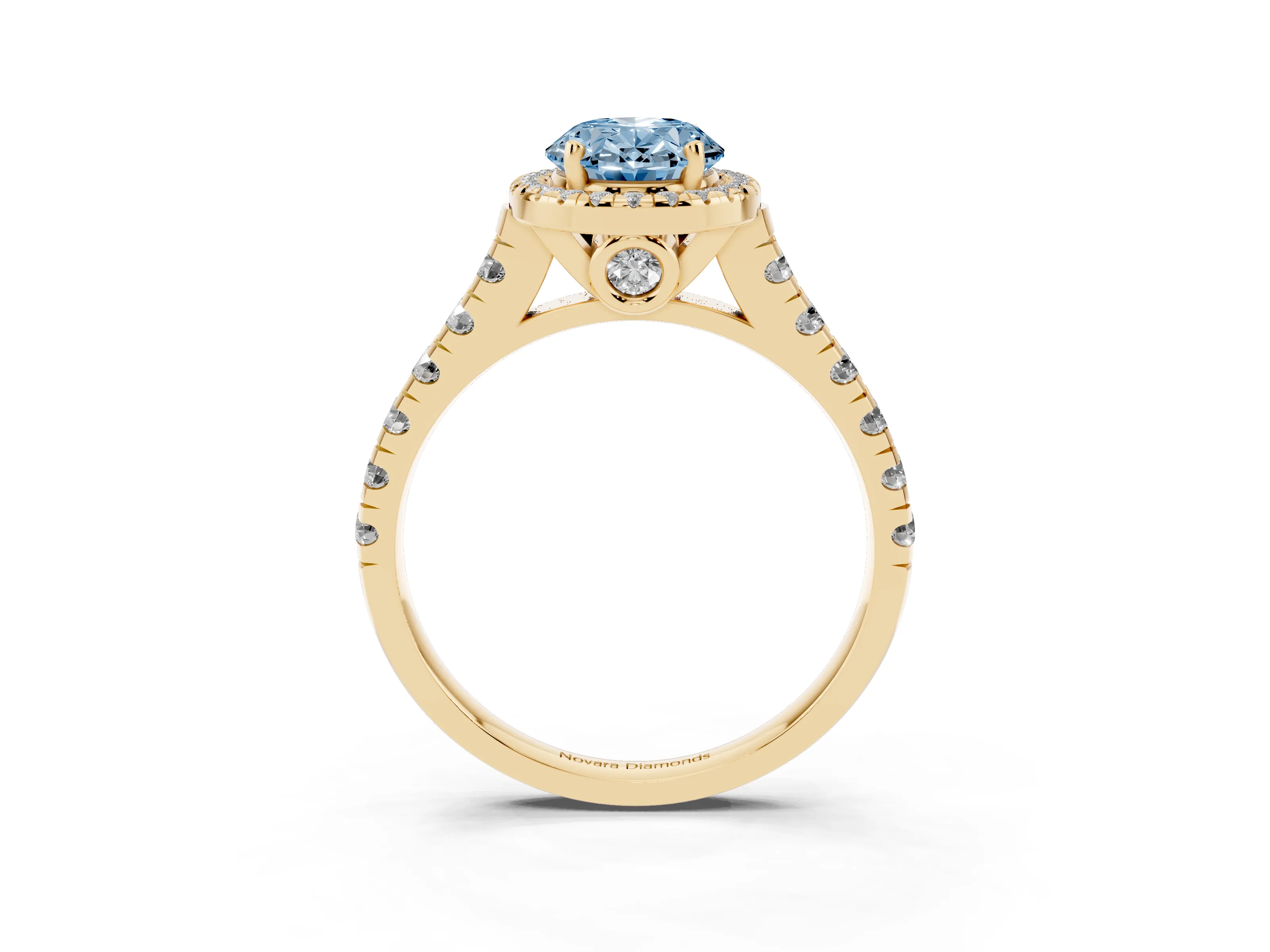 Fancy Blue Oval Cut Diamond Halo Engagement Ring Set in Yellow gold with Pavé Band and Prong-Set Center