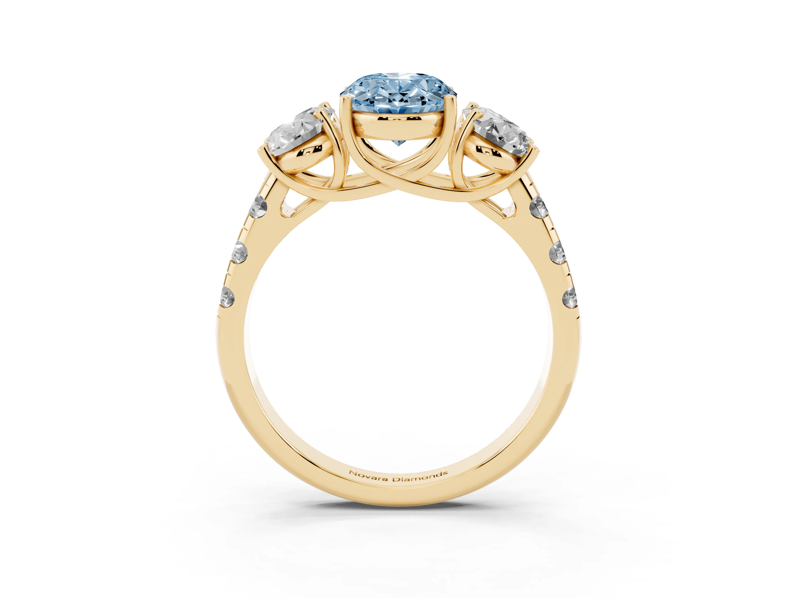 Fancy Blue Oval Cut Diamond Three-Stone Ring Set in Yellow gold with Pavé Band