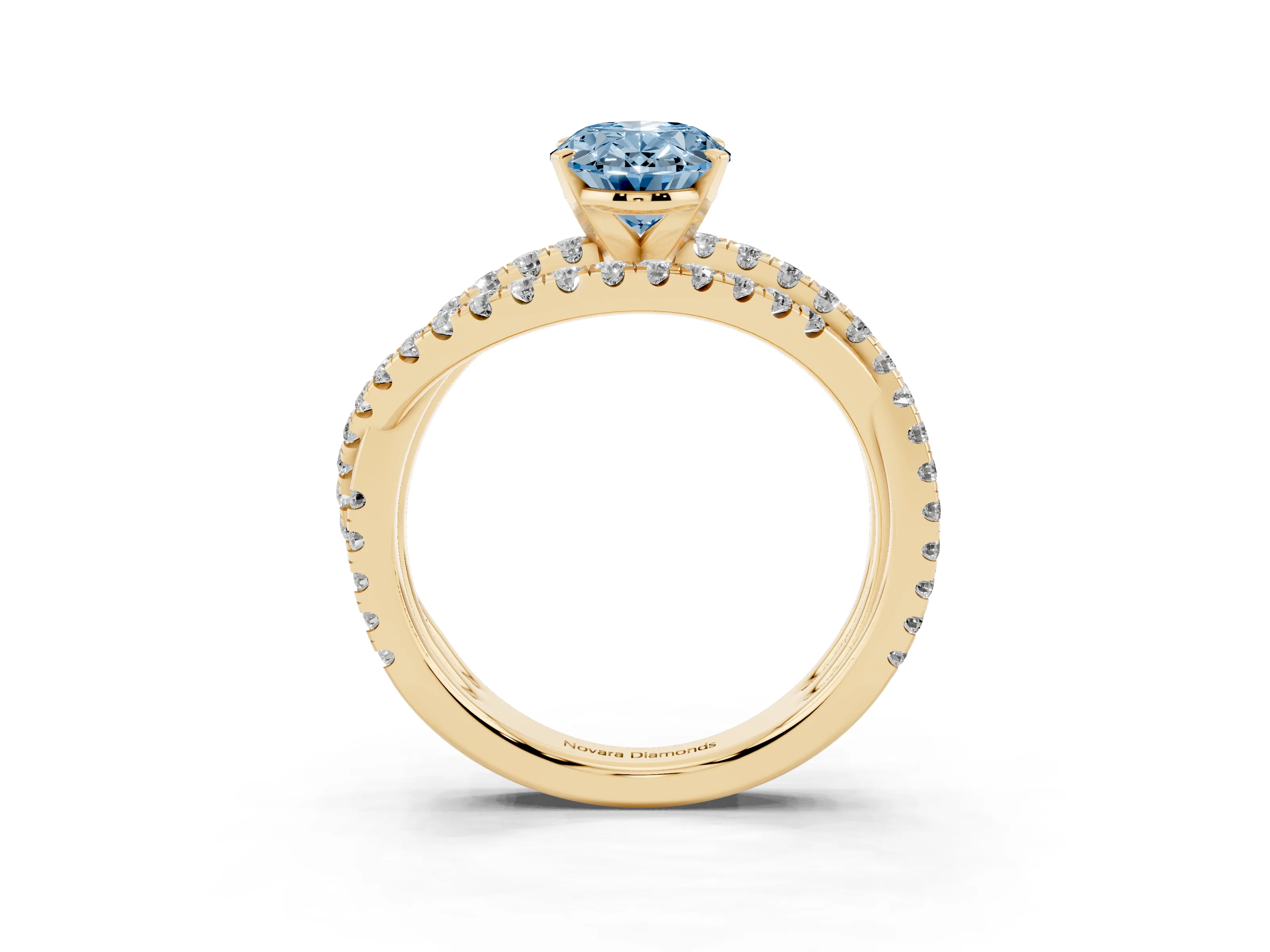 Fancy Blue Oval Cut Diamond Solitaire Twist Band Ring Set in Yellow gold with Pavé Setting and Prong Head