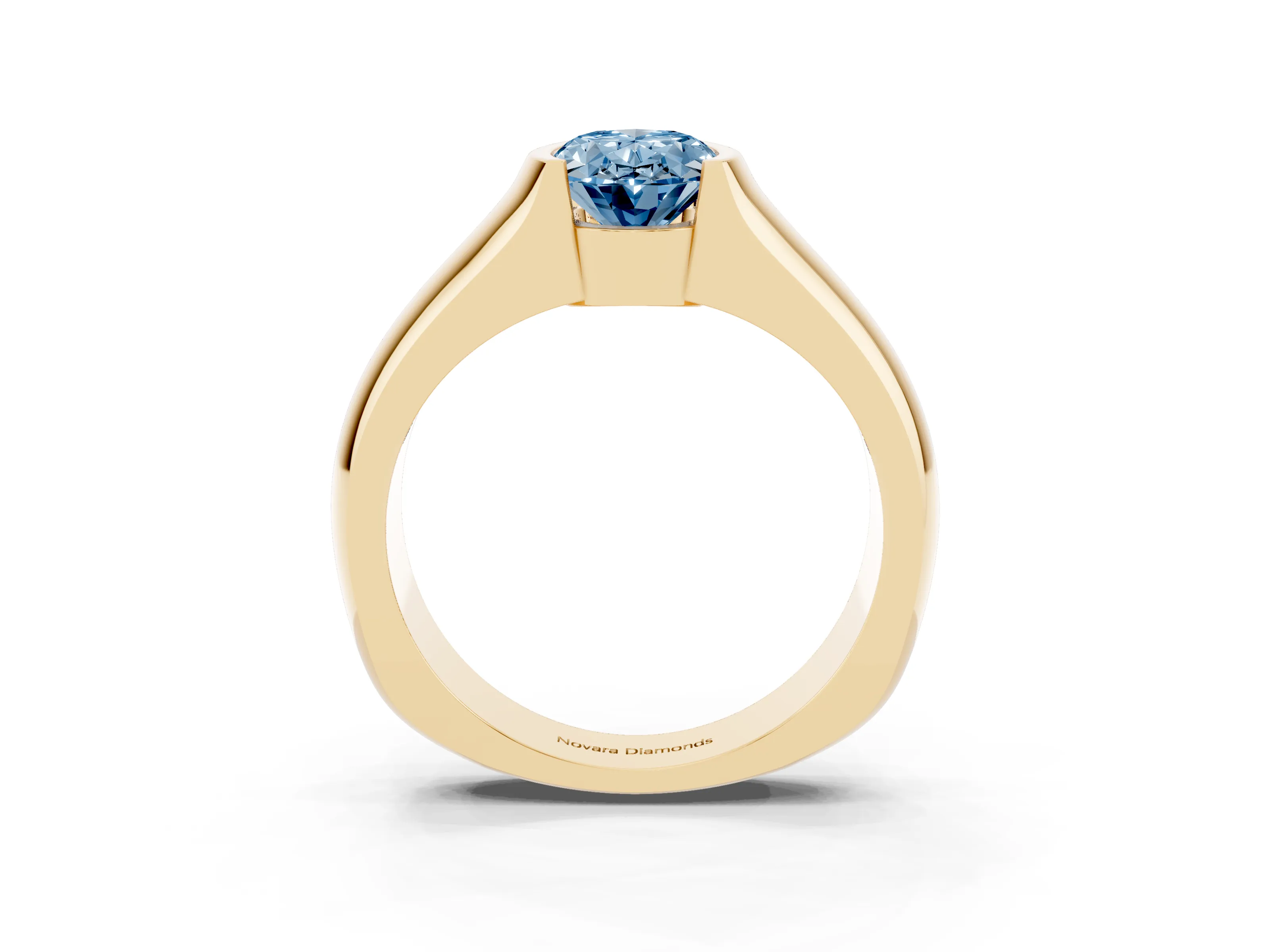 Fancy Blue Oval Cut Diamond Bezel Solitaire Ring Set in Yellow gold with Wide Band