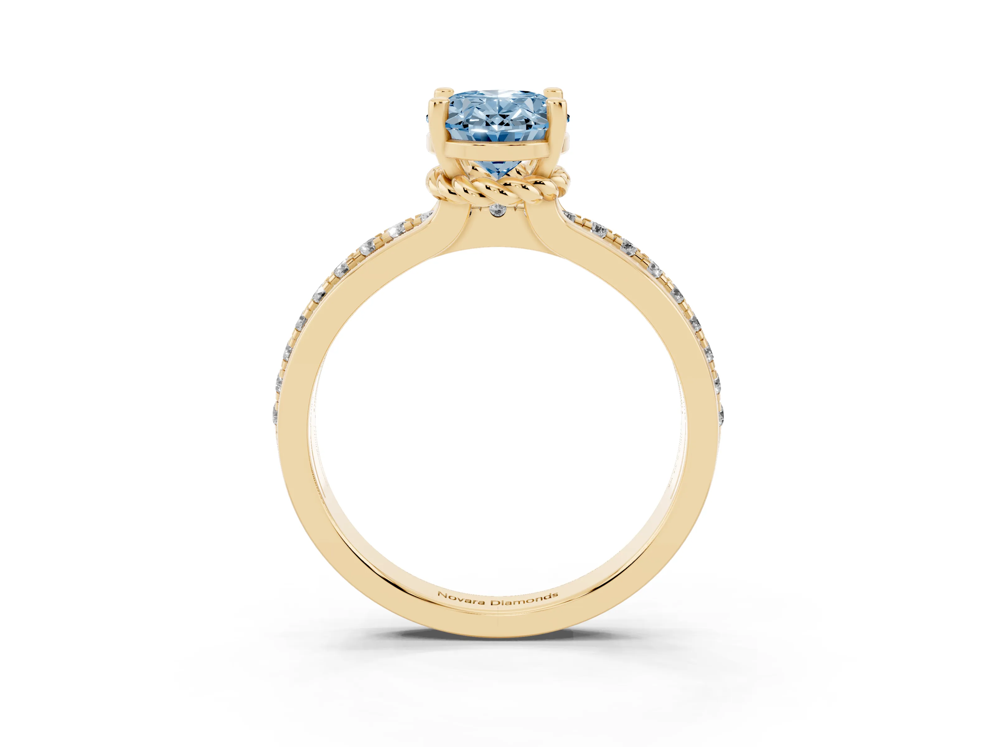 Fancy Blue Oval Cut Diamond Solitaire Ring Set in Yellow gold with Channel Set Band and Prong Setting