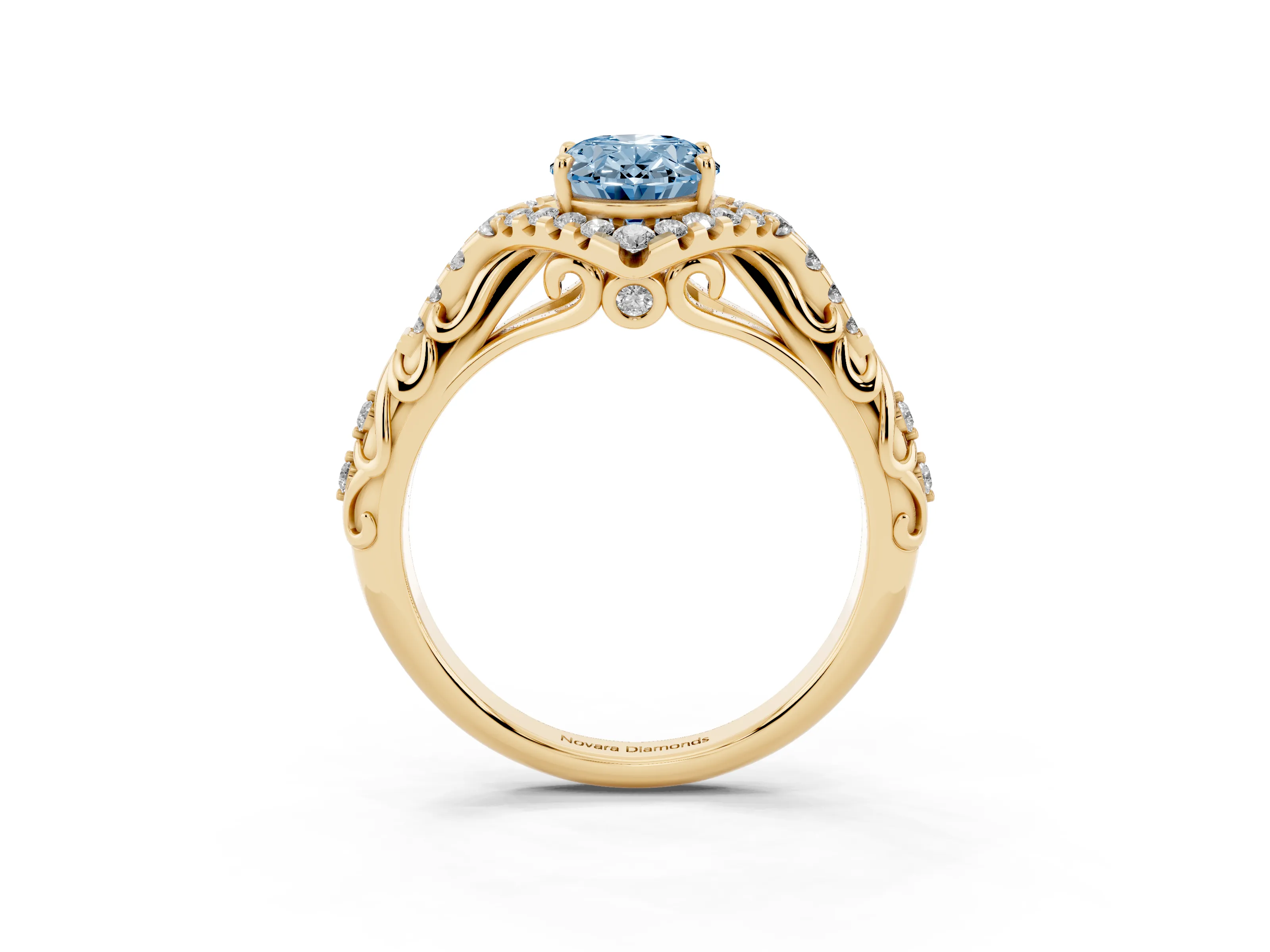 Fancy Blue Oval Cut Diamond Solitaire Ring Set in Yellow gold with Hidden Halo and Pavé Band