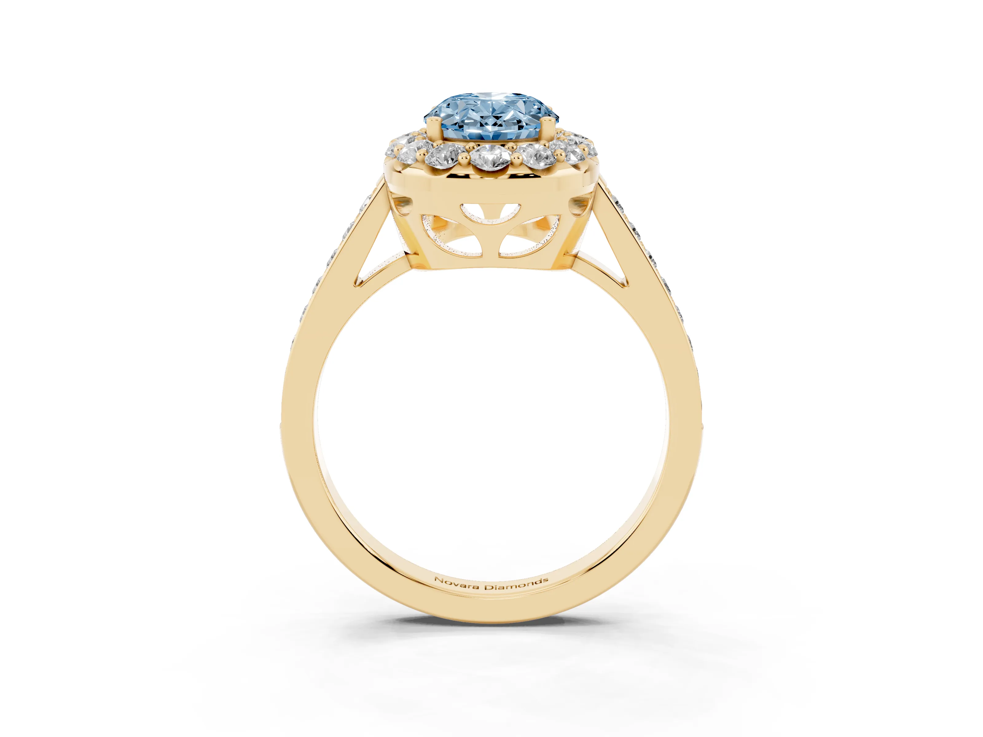 Fancy Blue Oval Cut Diamond Floral Halo Ring Set in Yellow gold with Pavé Band and Prong Setting