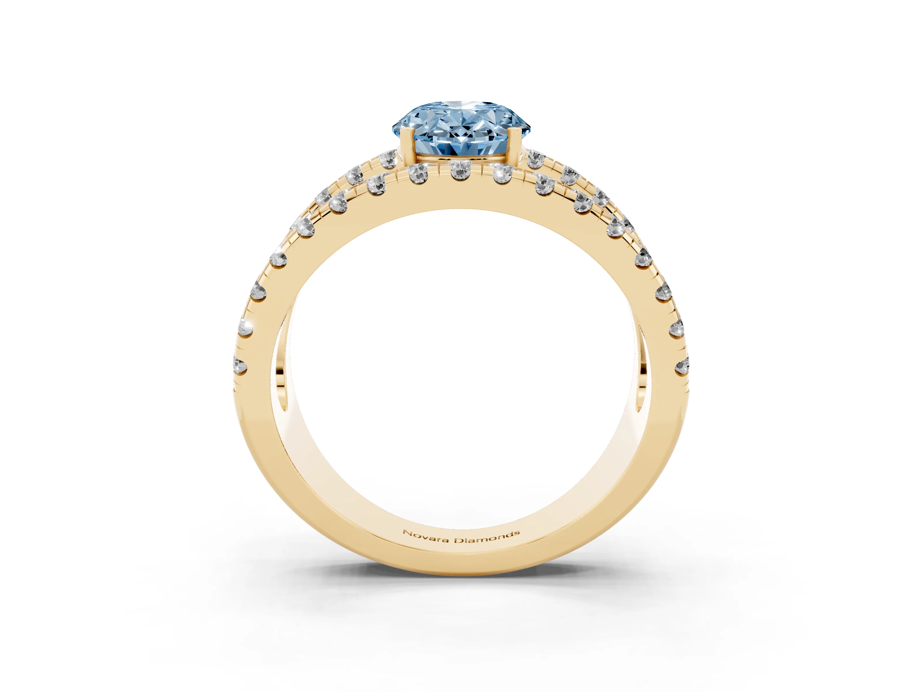 Fancy Blue Oval Cut Diamond Split Shank Pavé Solitaire Ring Set in Yellow gold with Open Shank Design