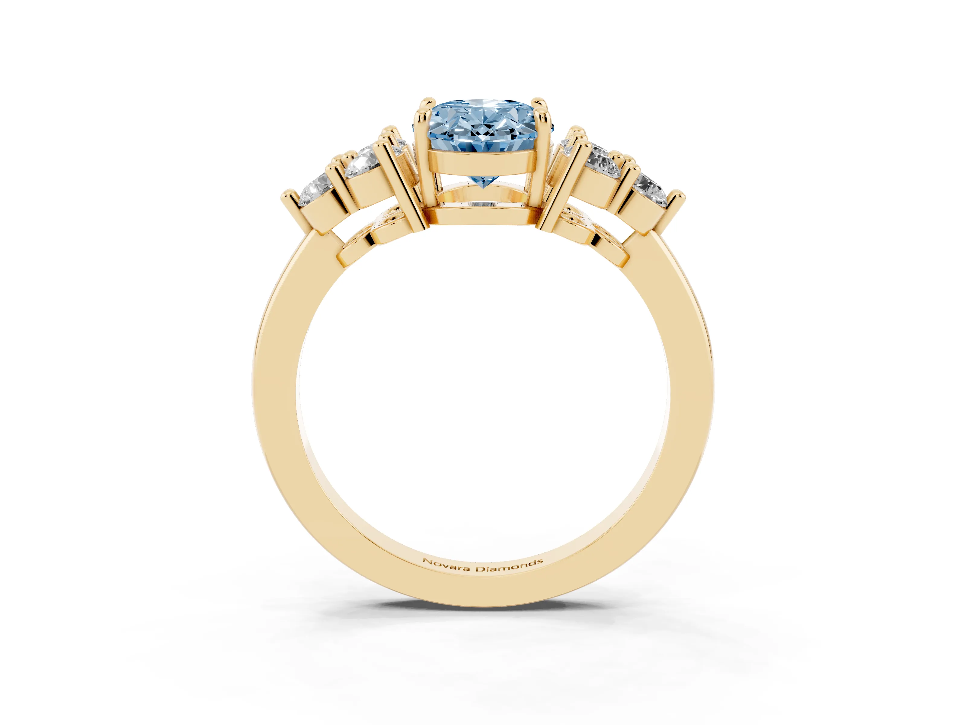 Fancy Blue Oval Cut Diamond Solitaire Ring Set in Yellow gold with Cluster Accents on Each Side