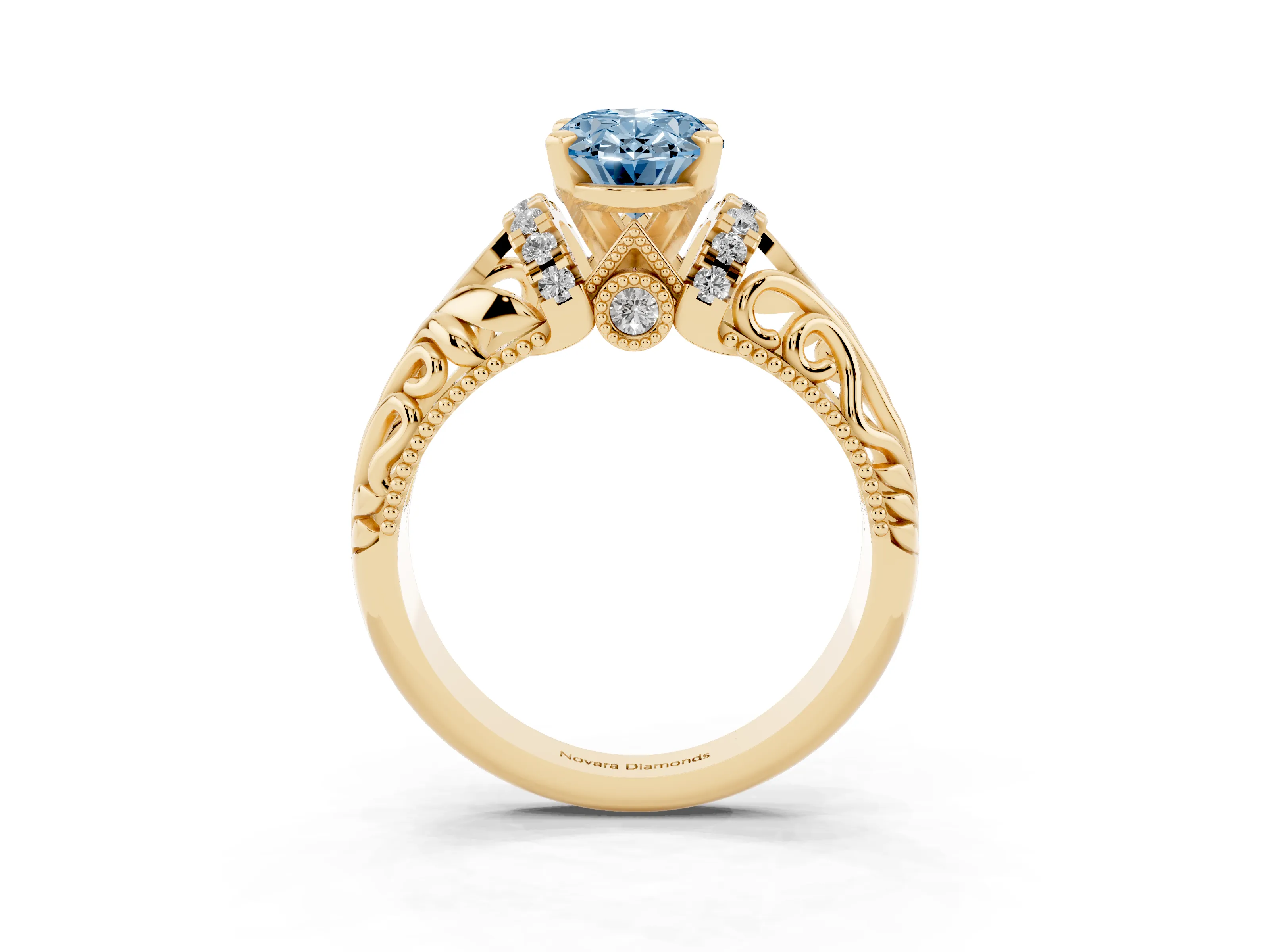 Fancy Blue Oval Cut Diamond Filigree Halo Engagement Ring Set in Yellow gold with Prong Setting