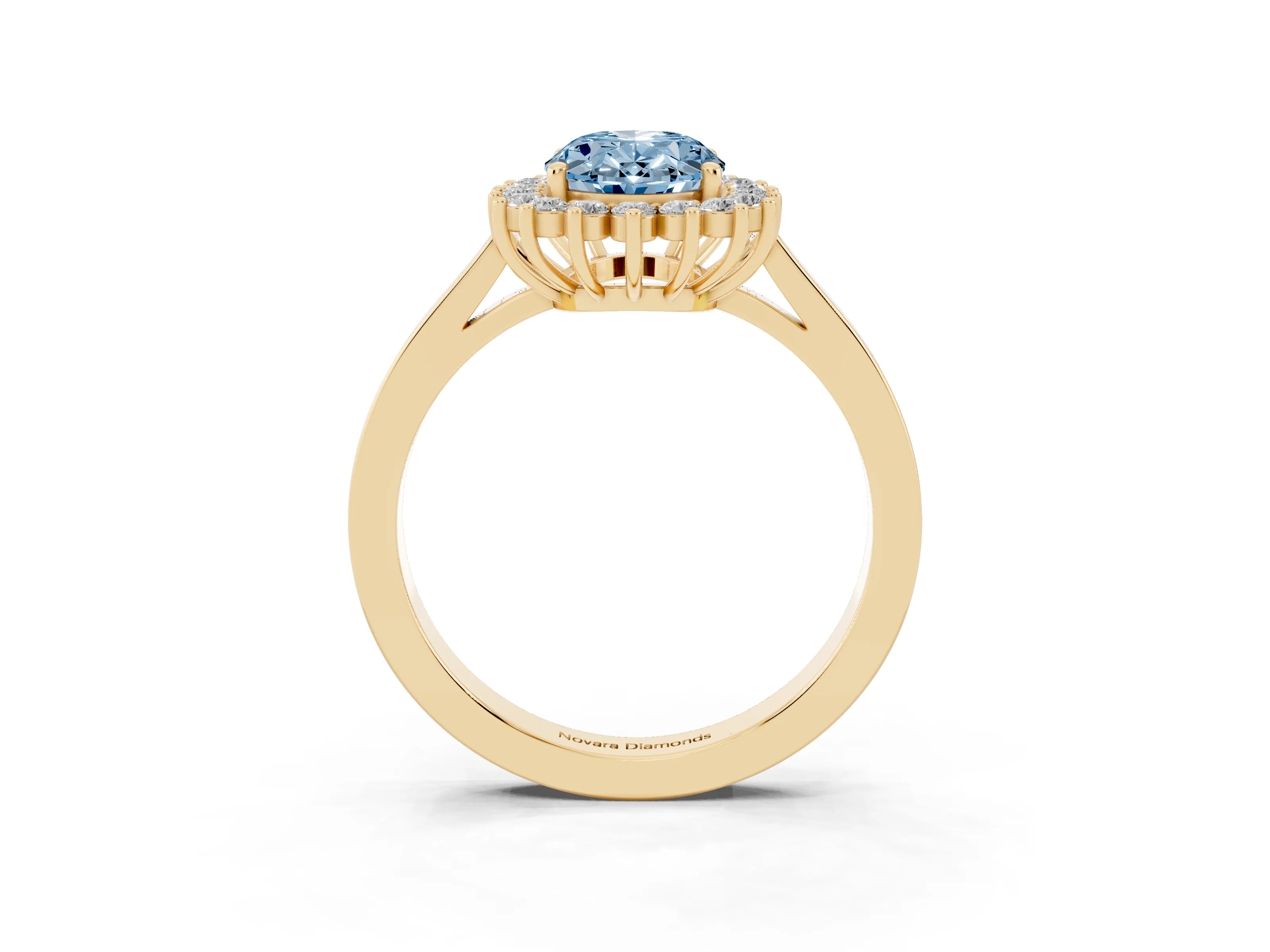 Fancy Blue Oval Cut Diamond Halo Ring Set in Yellow gold with Round Halo and Smooth Solitaire Band